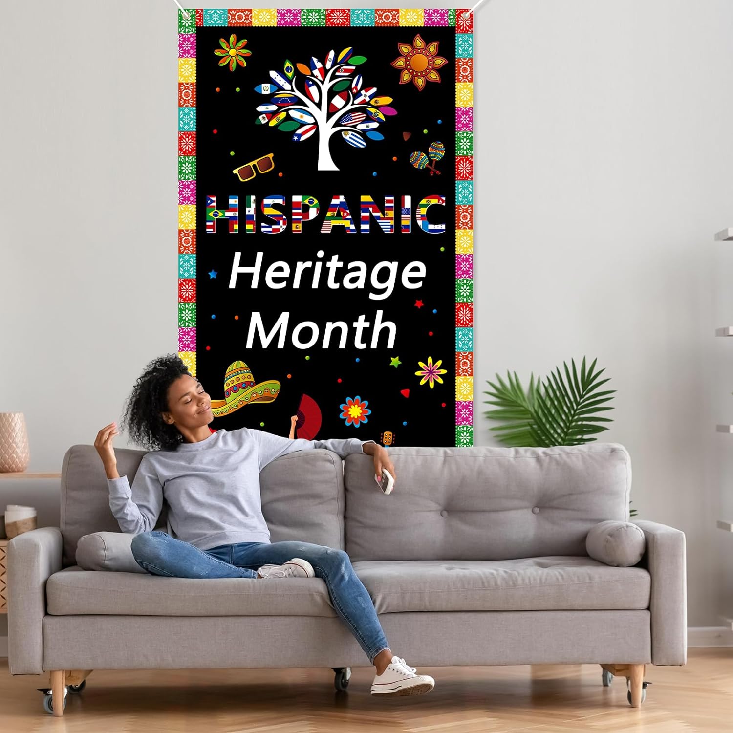 Arosche Decoración grande para puerta del mes de la herencia hispana, 6 x 2.9 pies, fondo colgante de condados de habla hispana latina para