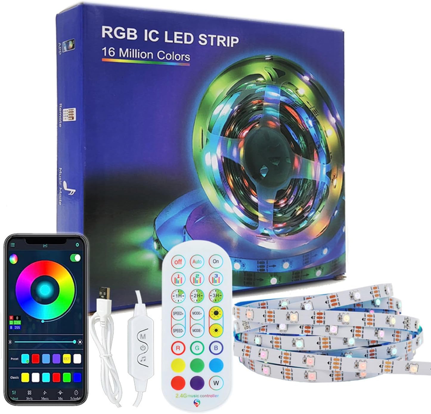 WS2812b Kit de tira LED direccionable individualmente de 16.4 pies, 30 píxelesm, aplicación Bluetooth, control remoto, sincronización de música, RGB