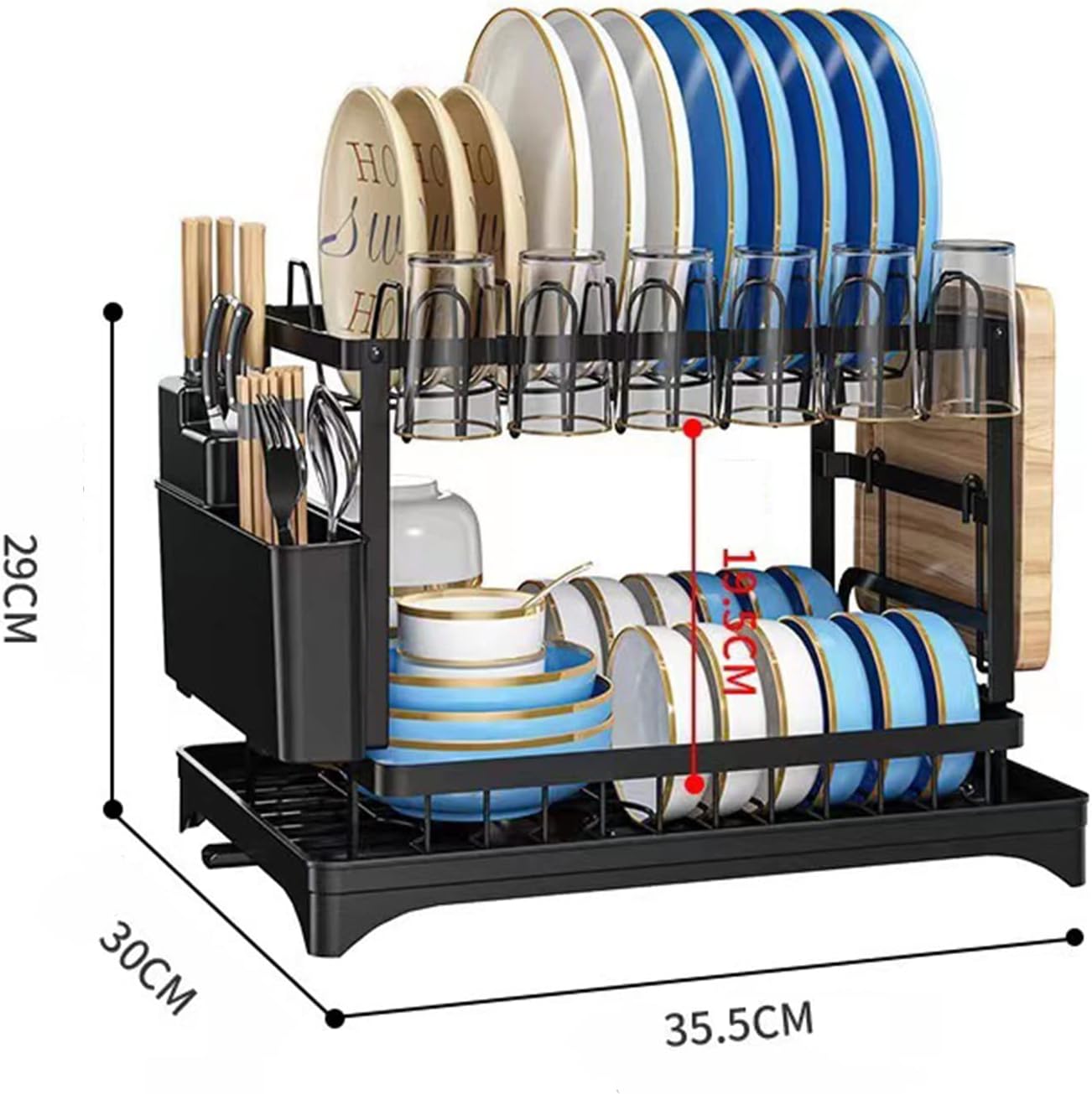 Escurridor de platos de 2 niveles para cocina a prueba de óxido, ahorro de espacio y multiusos, para encimera de cocina con soporte para utensilios,