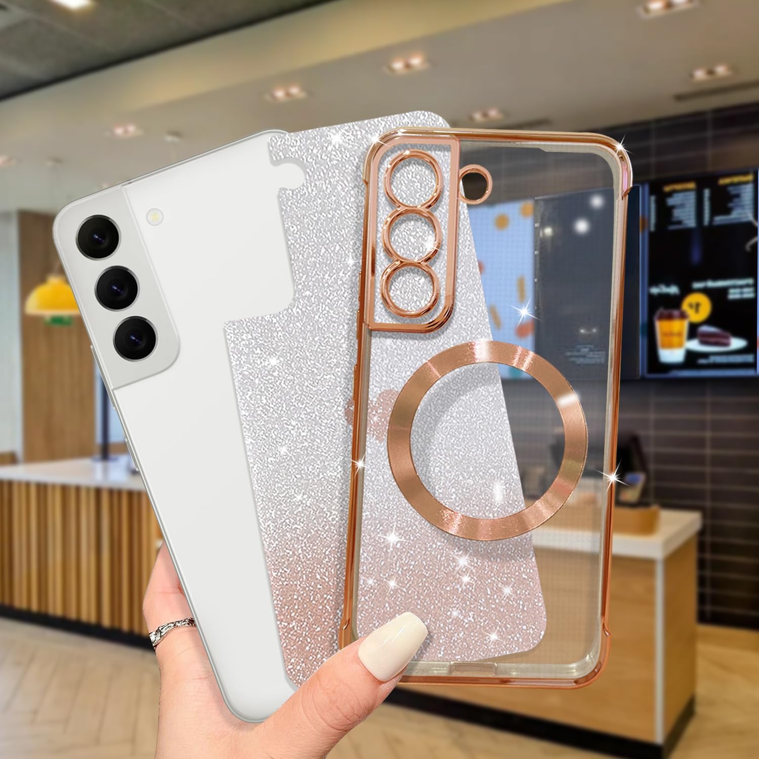 Funda magnética para Samsung Galaxy S22, para mujeres y niñas, chapado de lujo suave, brillante, brillante, brillante, lindo corazón, compatible con