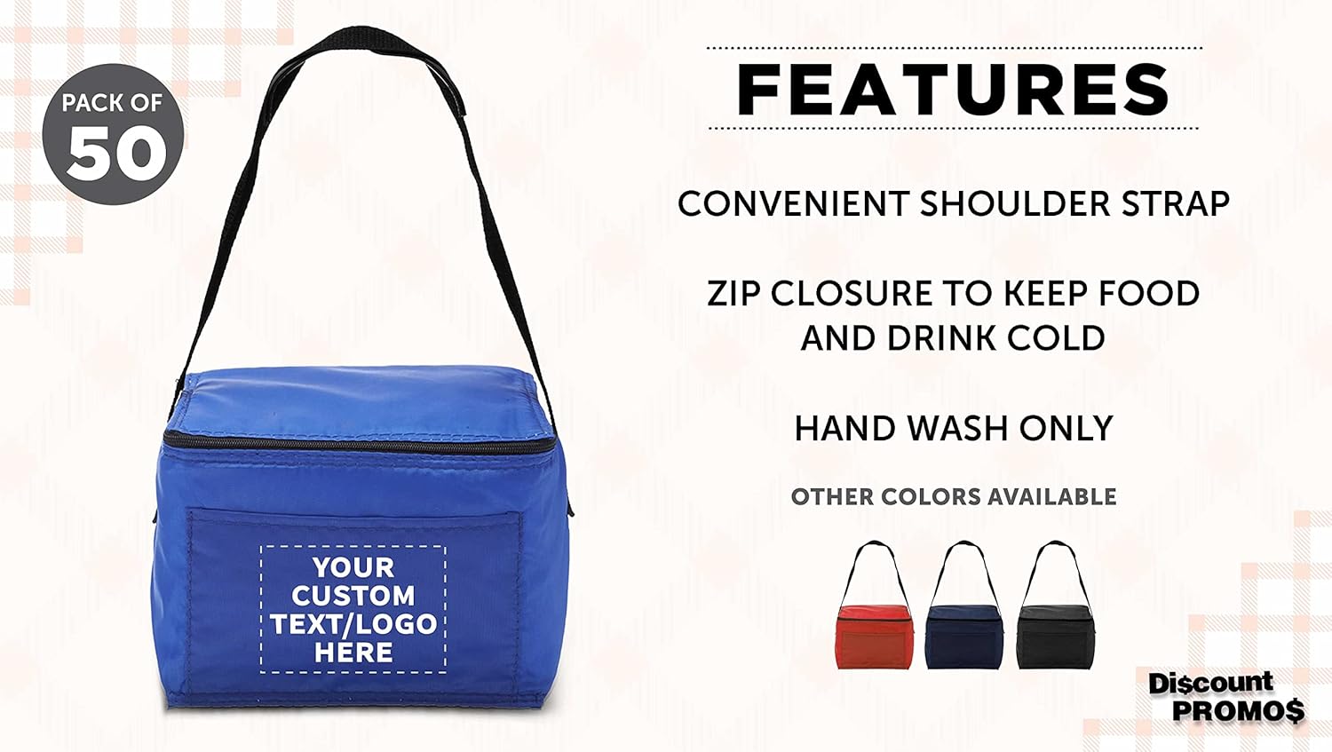 DISCOUNT PROMOS Juego de 50 bolsas de almuerzo pequeñas personalizadas, paquete a granel personalizado, aisladas, se adapta a 6 latas, perfectas