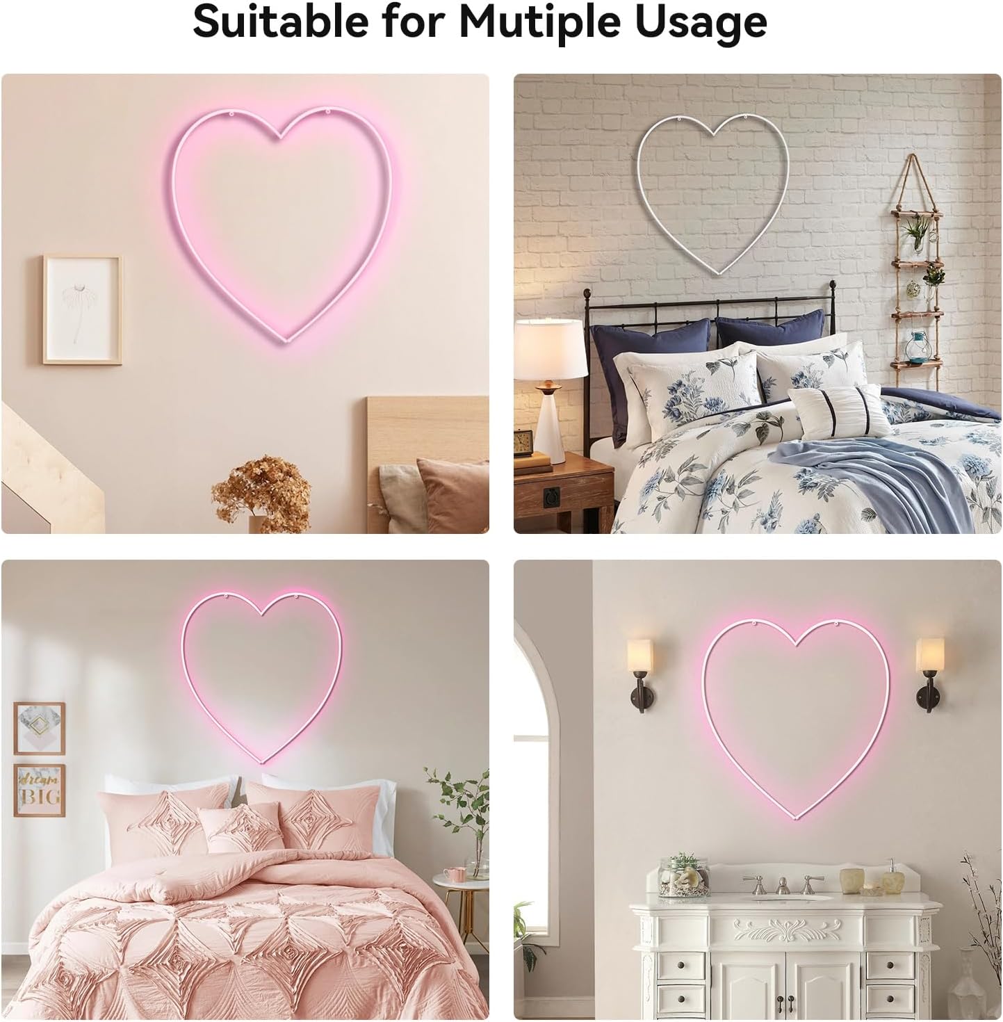 Letreros de neón de corazón para decoración de pared decoración de lámpara de luz LED rosa con alimentación USB, decoración de mesa y pared para el