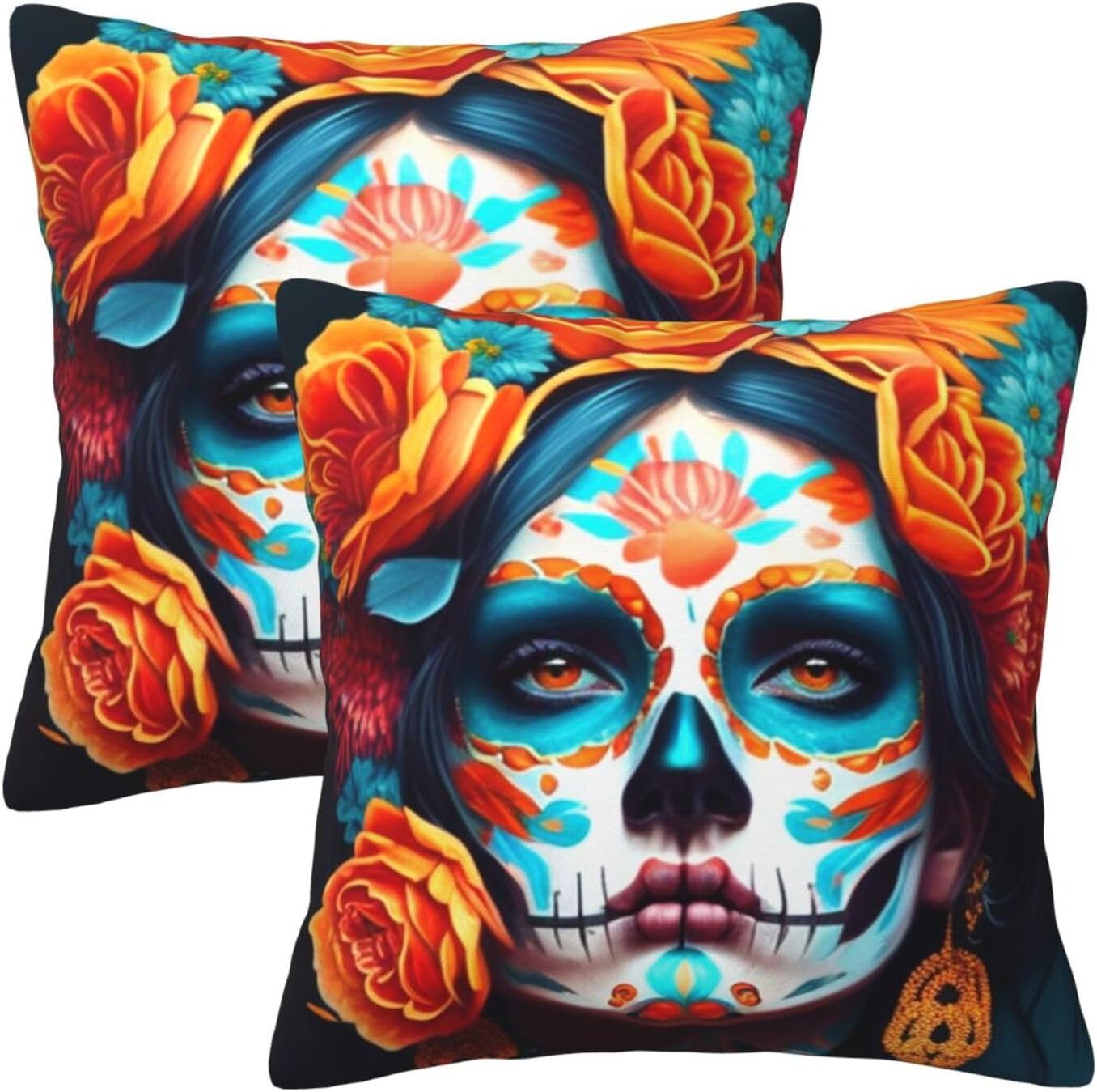 2 fundas de almohada del Día de los Muertos, fundas de almohada decorativas para mujer, diseño de calavera mexicana, funda de cojín cuadrada para
