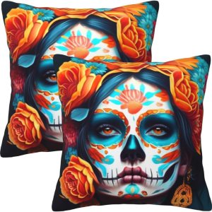 2 fundas de almohada del Día de los Muertos, fundas de almohada decorativas para mujer, diseño de calavera mexicana, funda de cojín cuadrada para 2 fundas de almohada del Día de los Muertos, fundas de almohada decorativas para mujer, diseño de calavera mexicana, funda de cojín cuadrada para