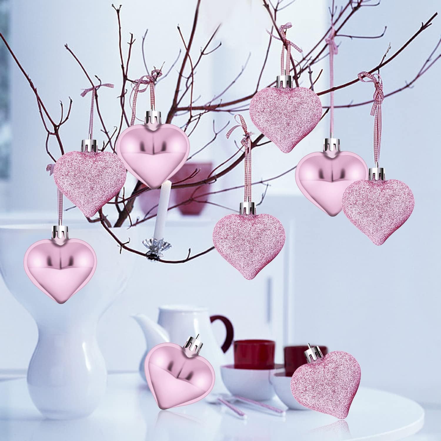 24 adornos colgantes de corazón para el día de San Valentín, adornos románticos en forma de corazón, decoración de corazón de plástico para
