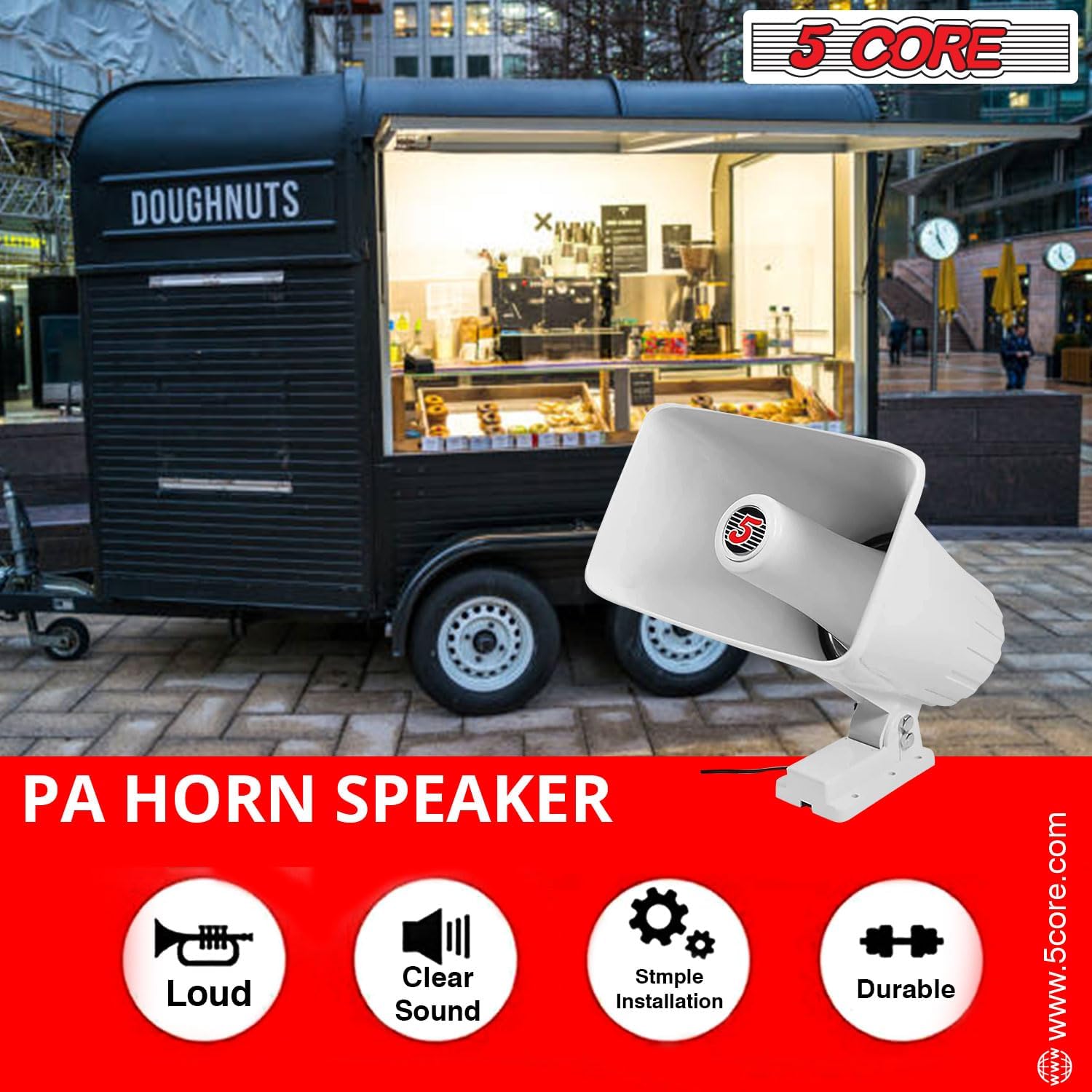 5 CORE Altavoz de radiobúsqueda de bocina PA para interiores y exteriores, altavoz de 8 x 5 pulgadas, 8 ohmios y 65 vatios máximo de bocina Sirena