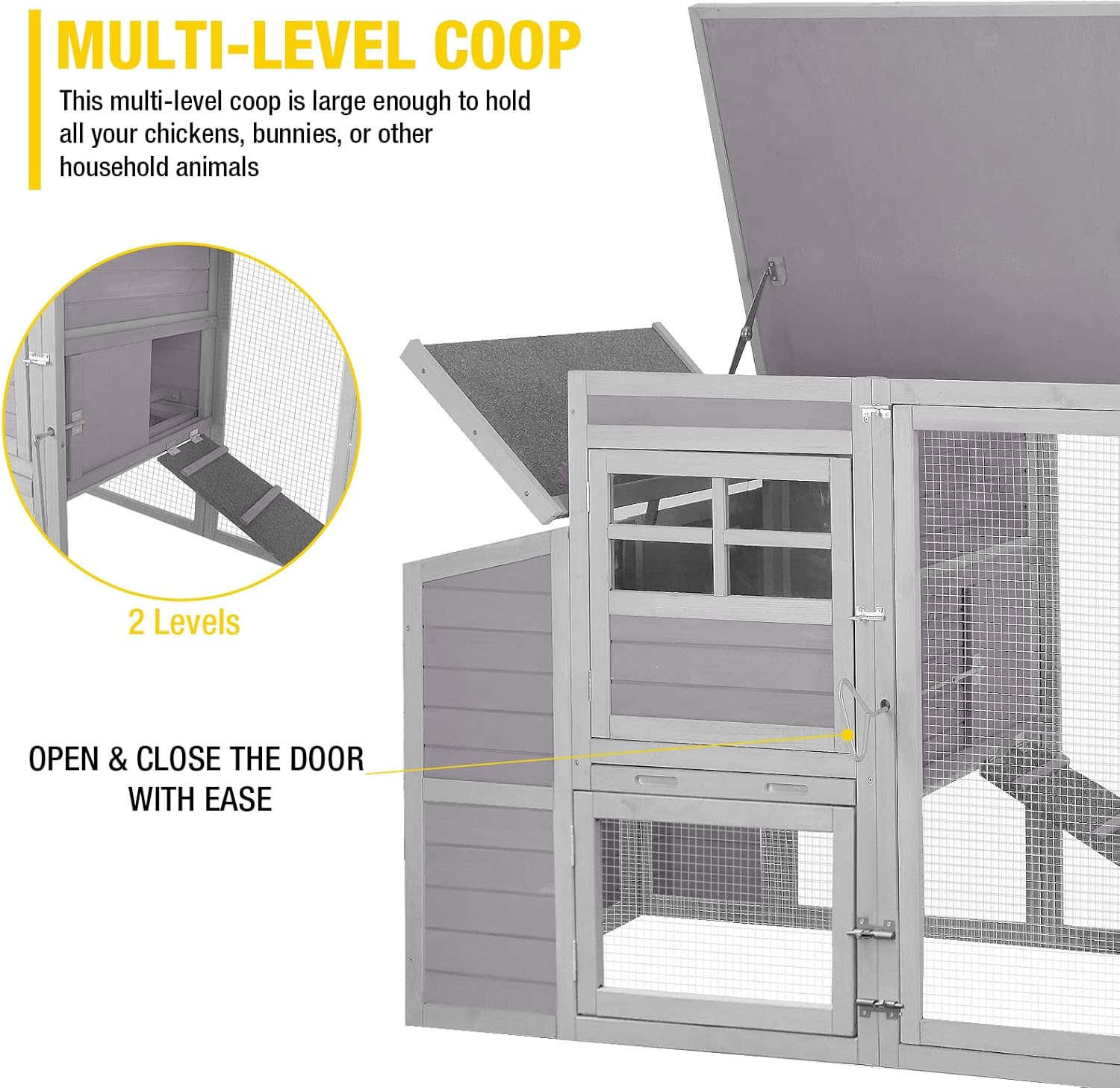 Aivituvin Jaula grande de madera para aves de corral de 78 pulgadas, gallinero con rampas, carrera, caja anidable (gris)