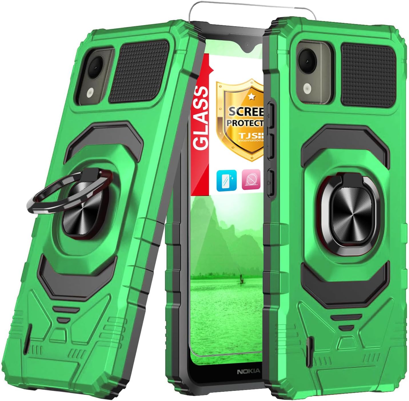 TJS Funda compatible con Nokia C110 N156DL 5G, con protector de pantalla de vidrio templado, soporte magnético de anillo de metal, soporte magnético