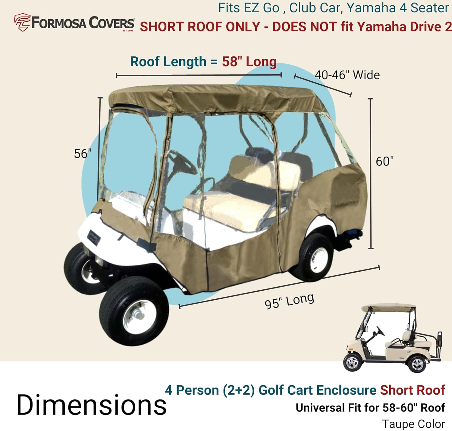 Funda protectora premium para carrito de golf con 2 pares de asientos, con techo de hasta 58 pulgadas.