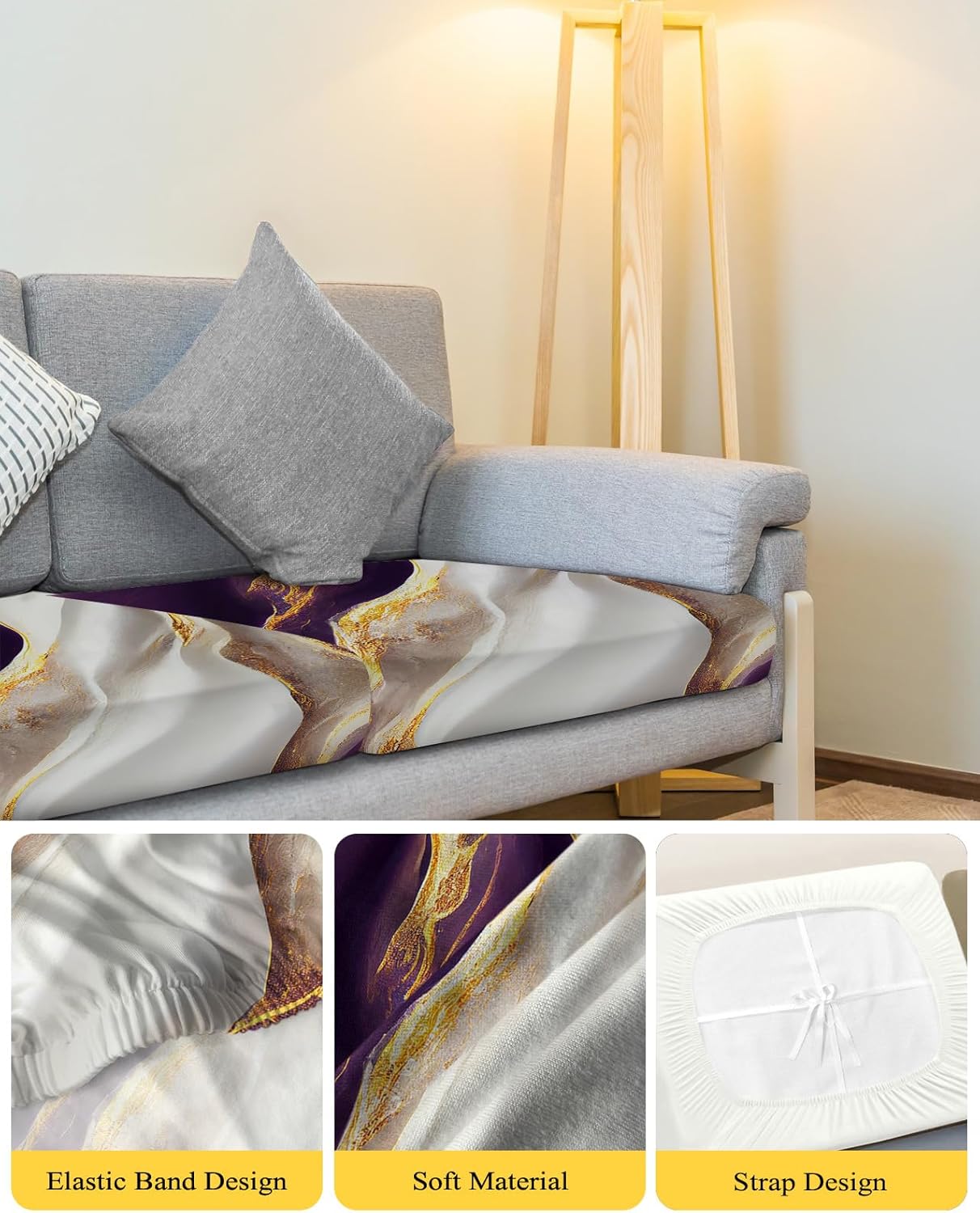 Fundas de cojín para sofá, diseño de mármol morado y dorado, textura de arte abstracto, elásticas para sofá, fundas protectoras de muebles para