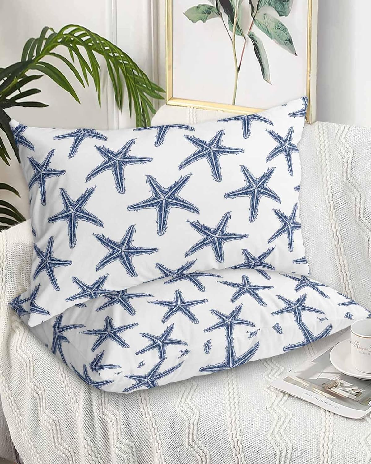 Juego de 2 fundas de almohada tamaño King con estrellas de mar de playa azul marino, fundas de almohada de microfibra para cama, fundas de almohada