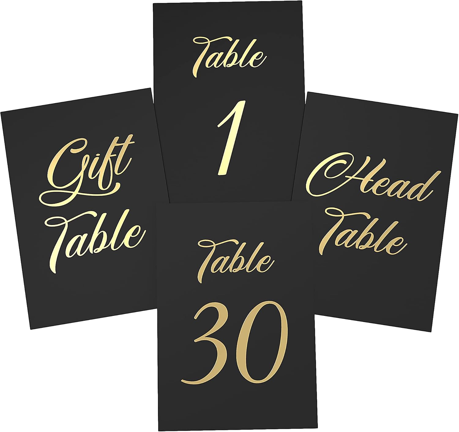 Números de mesa negros y dorados del 1 al 30 para recepción de boda, tarjetas de 4 x 6 con cabeza de lámina dorada y mesa de regalo, elegantes