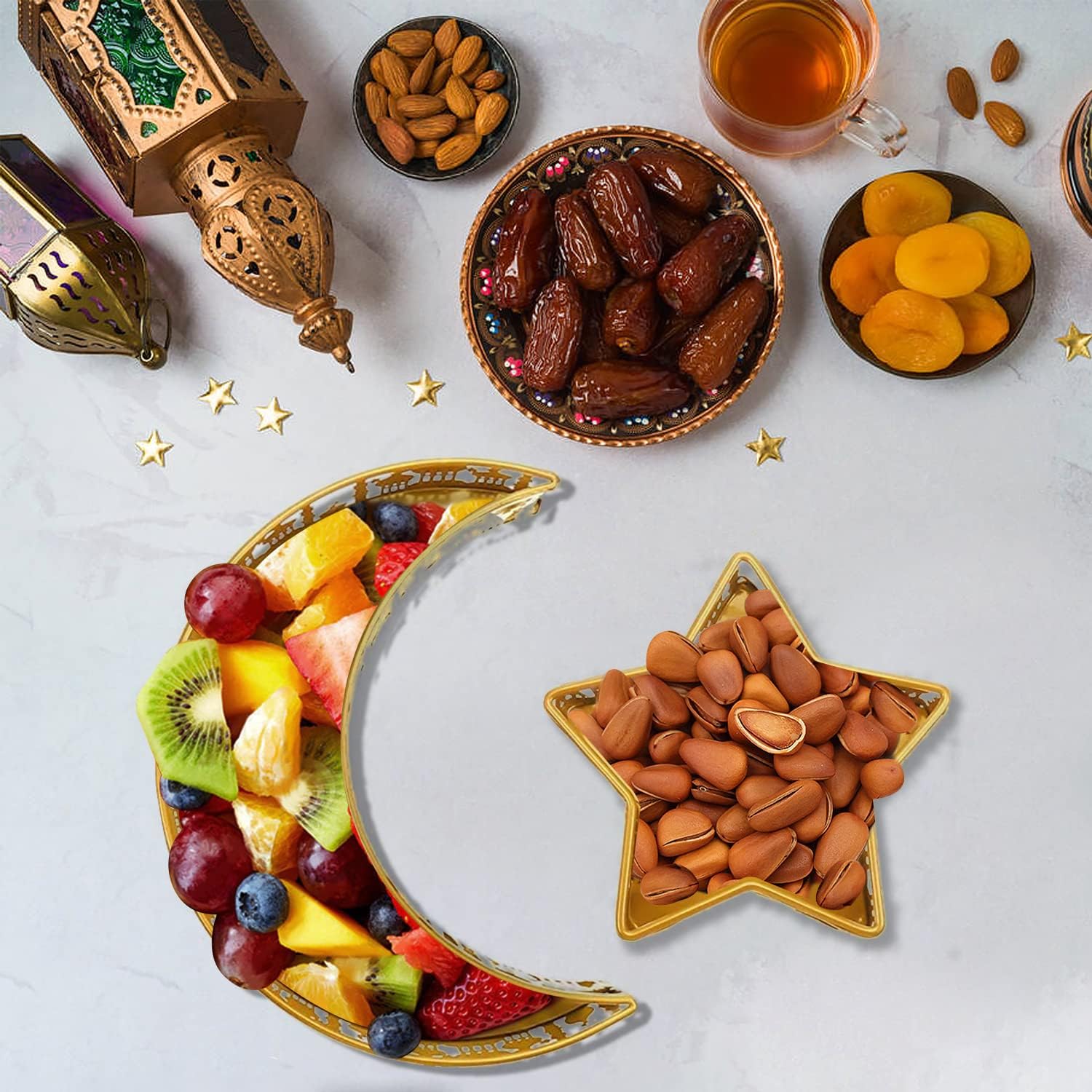 Bandeja de Ramadán Eid Mubarak Moon Star Bandeja, Islam Muslim Al-Fitr Iftar Bandeja de servir comida para fiesta, platos de metal Ramadán,