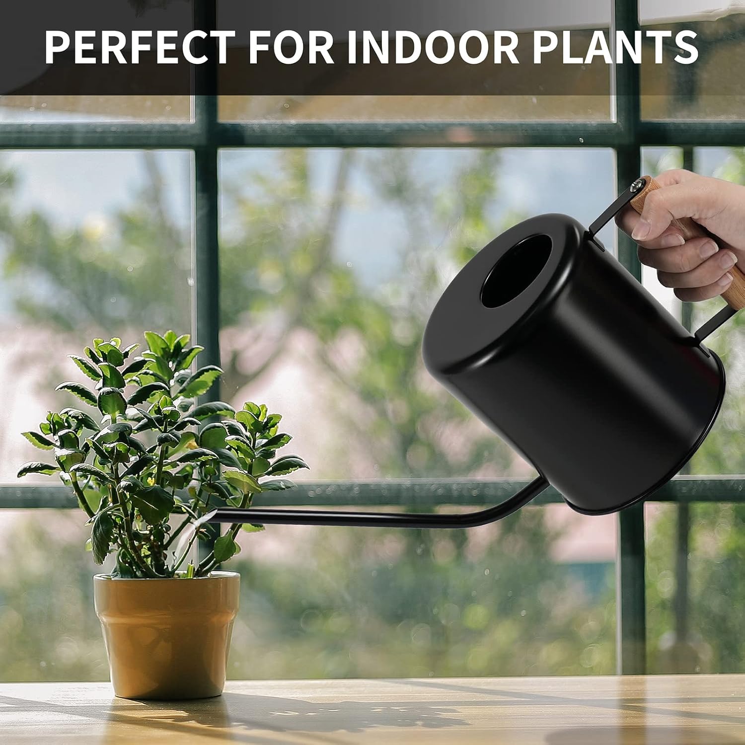 Regadera negra de 1.5 litros para plantas de interior, plantas de interior, riego de flores, plantas al aire libre, regadera de metal pequeña con