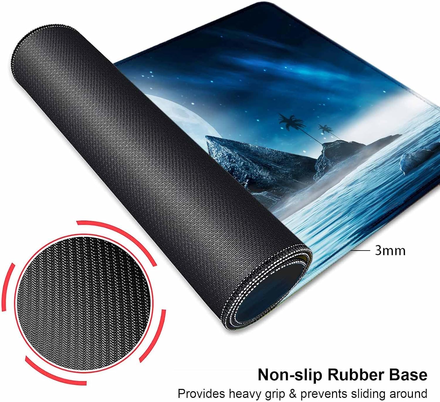 Alfombrilla de mouse grande extendida para juegos con bordes cosidos, alfombrilla de escritorio de luna llena de montaña azul para computadora,