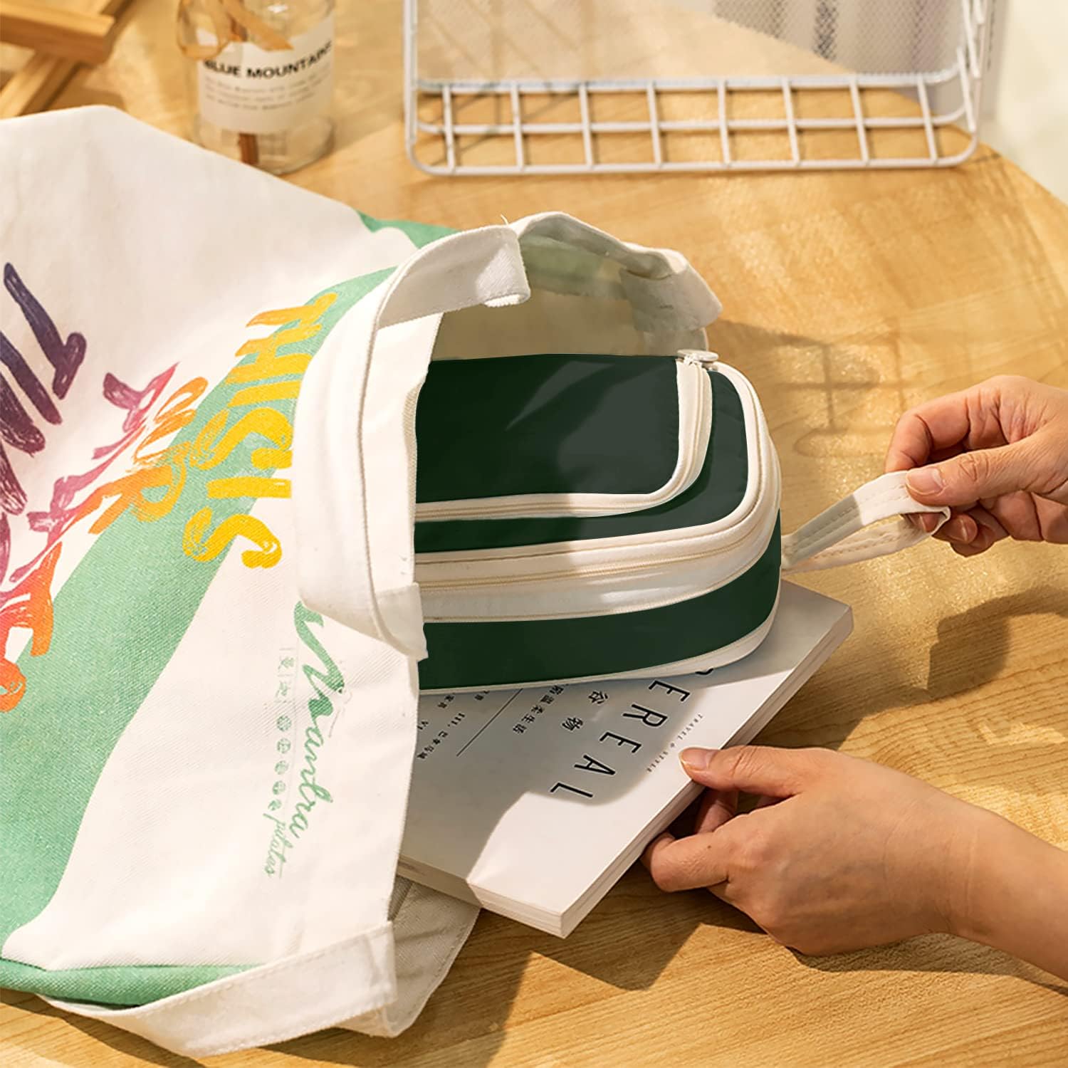 Estuche para lápices de gran capacidad con 4 compartimentos, bolsa expandible para bolígrafos, bolsa de papelería portátil con asa para oficina,