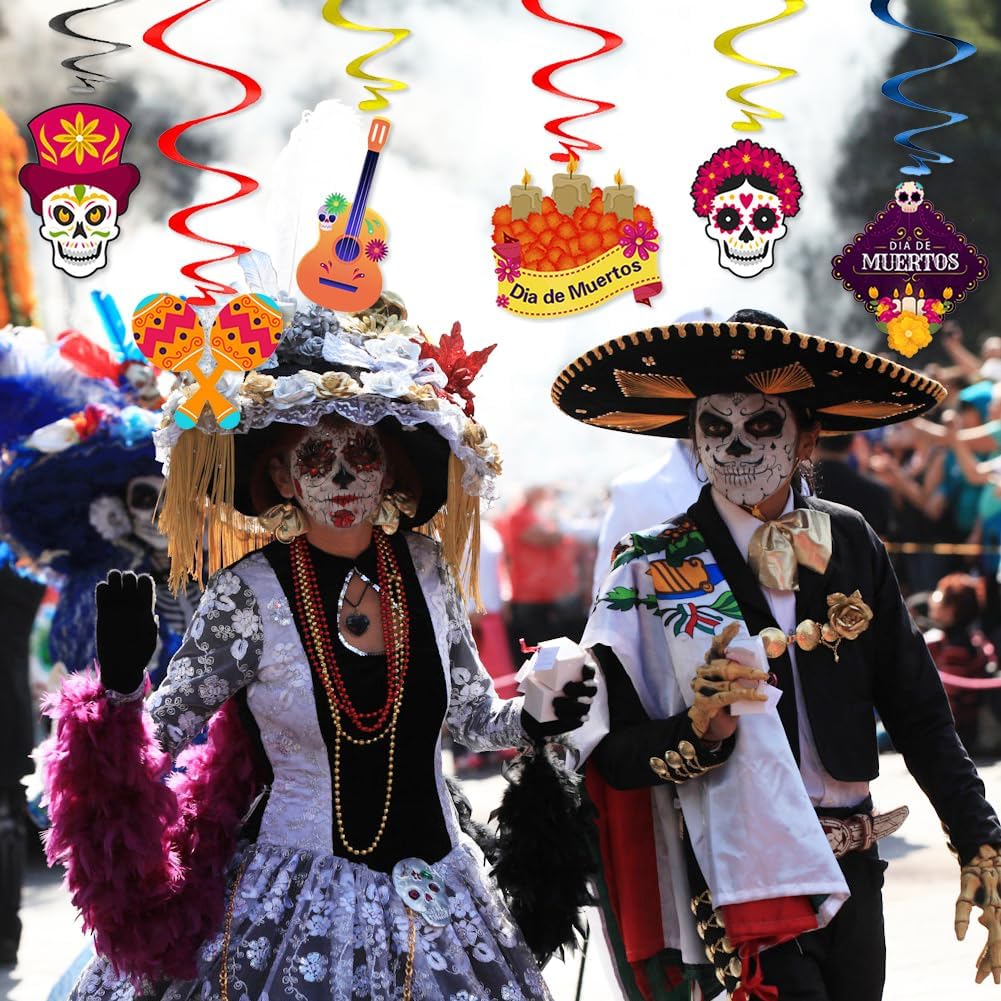 Decoraciones de fiesta mexicana, paquete de 3 pancartas y 6 espirales, colorido cartel de fiesta de fieltro, decoración del día de los muertos,