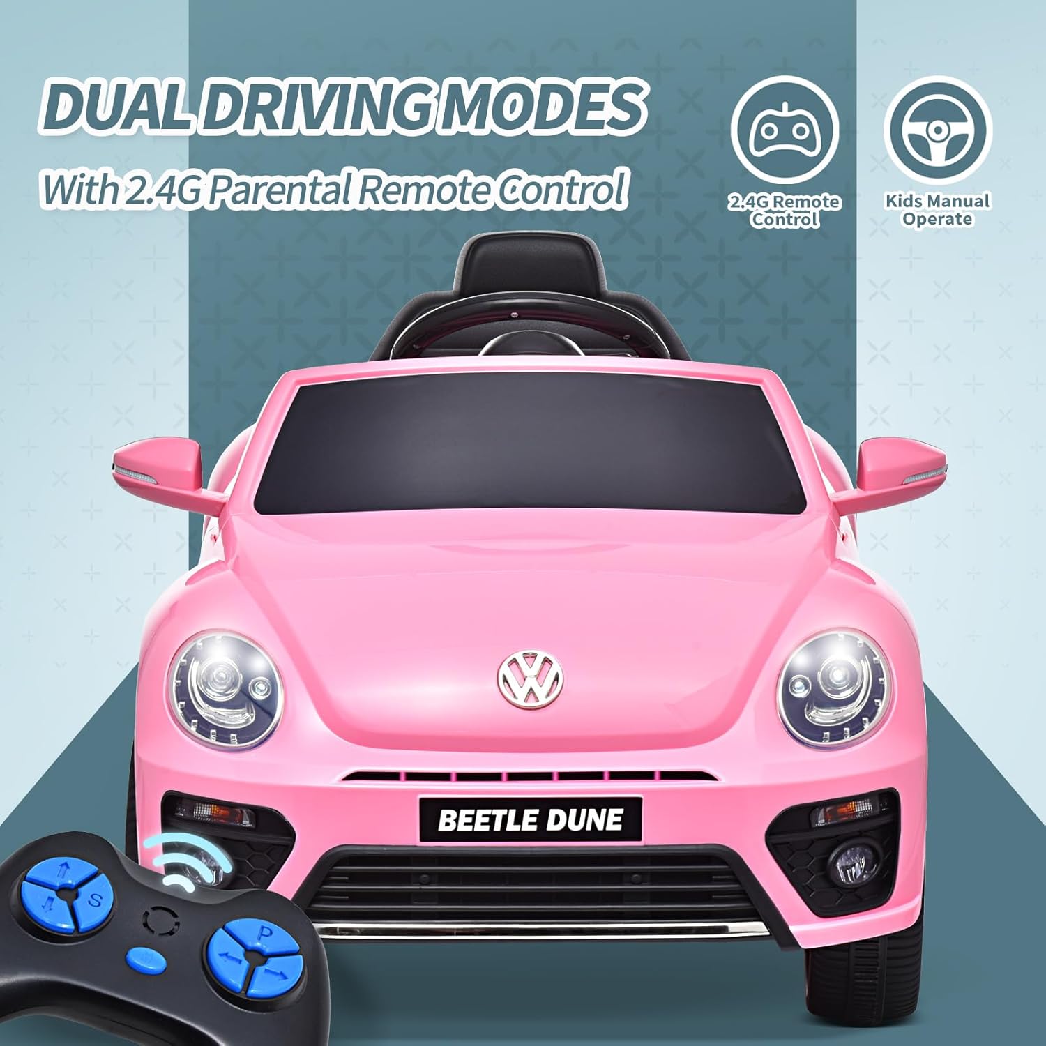 Joywhale Vehículo eléctrico de 12 V para niños, compatible con Volkswagen Beetle, con control remoto de 2.4 G, 3 velocidades, suspensión de resorte,
