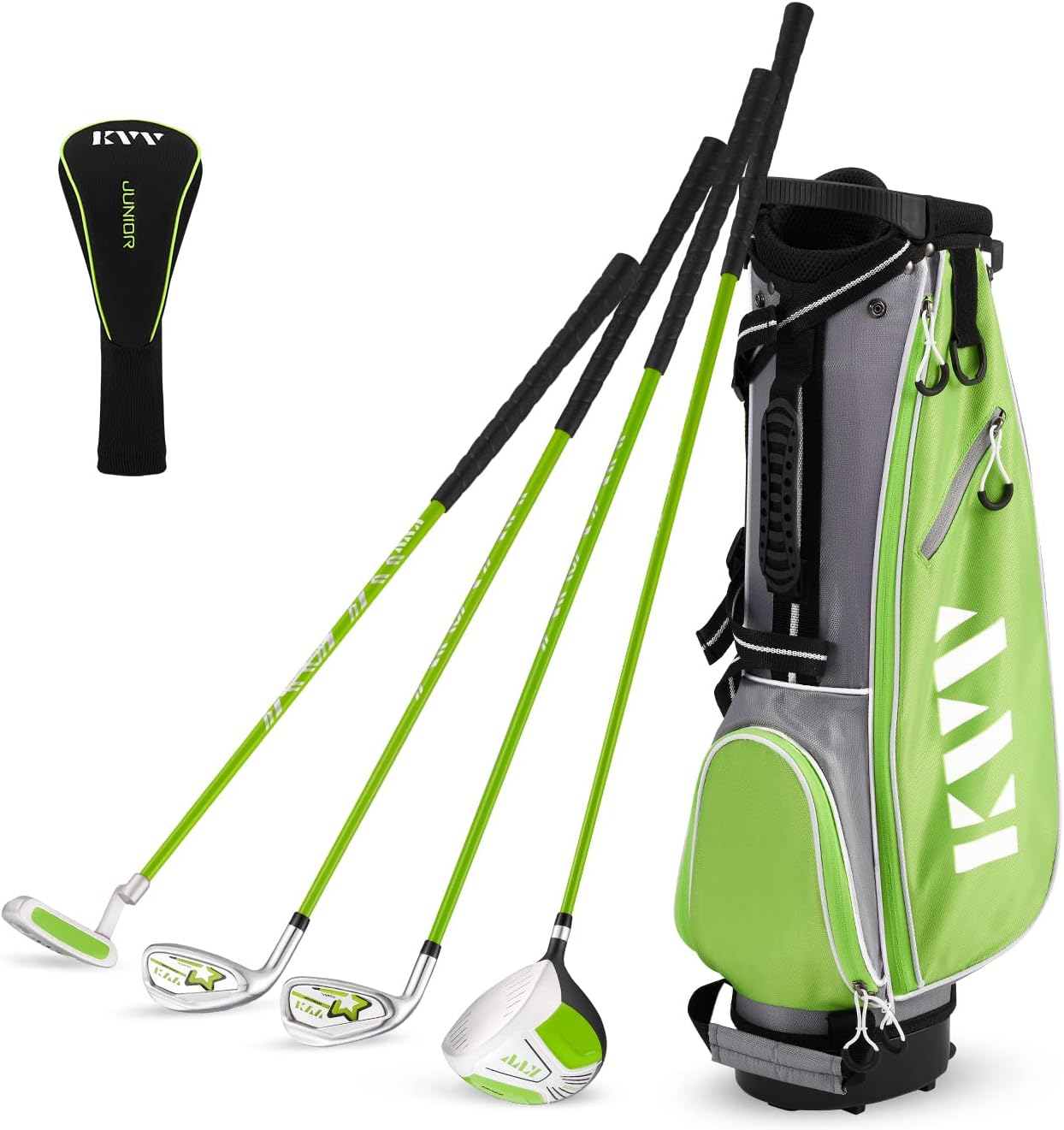 KVV Junior – Juego completo de palos de golf para niños y niños, mano derecha, incluye conductor de gran tamaño, hierros, putter, cubierta para la
