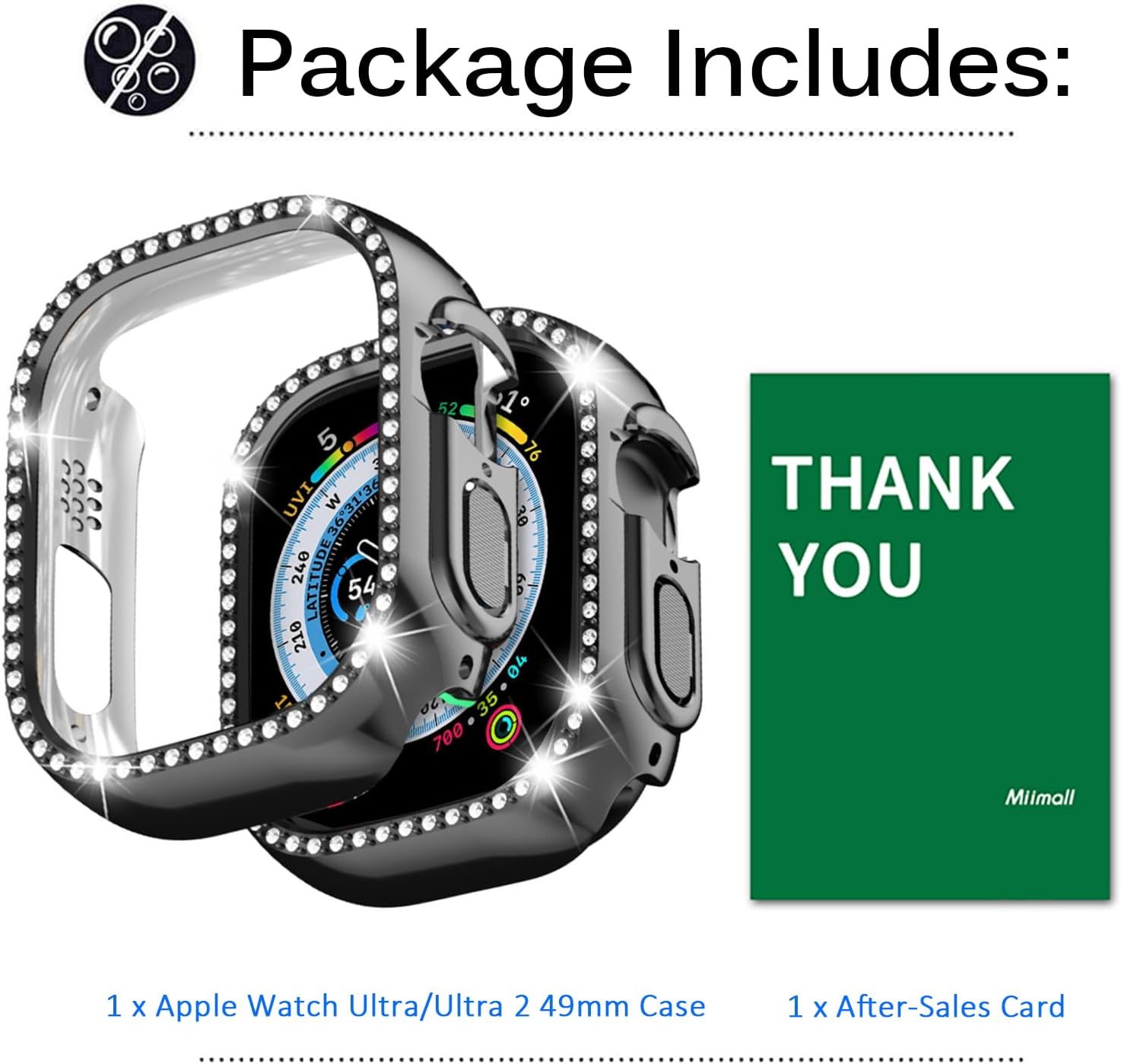 Miimall Funda compatible con Apple Watch UltraUltra 2 de 1.732 pulgadas, con cristales brillantes chapados en diamantes a prueba de golpes, marco