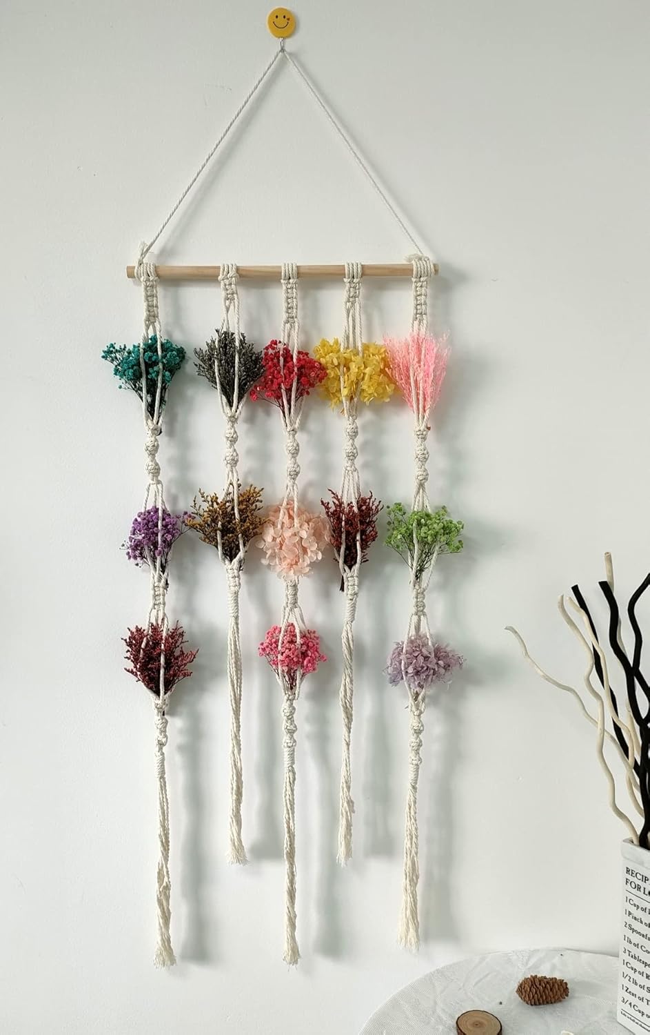 Tapiz largo de macramé bohemio para colgar en la pared, flores naturales secas, flores de hortensias preservadas, el aliento del bebé preservado