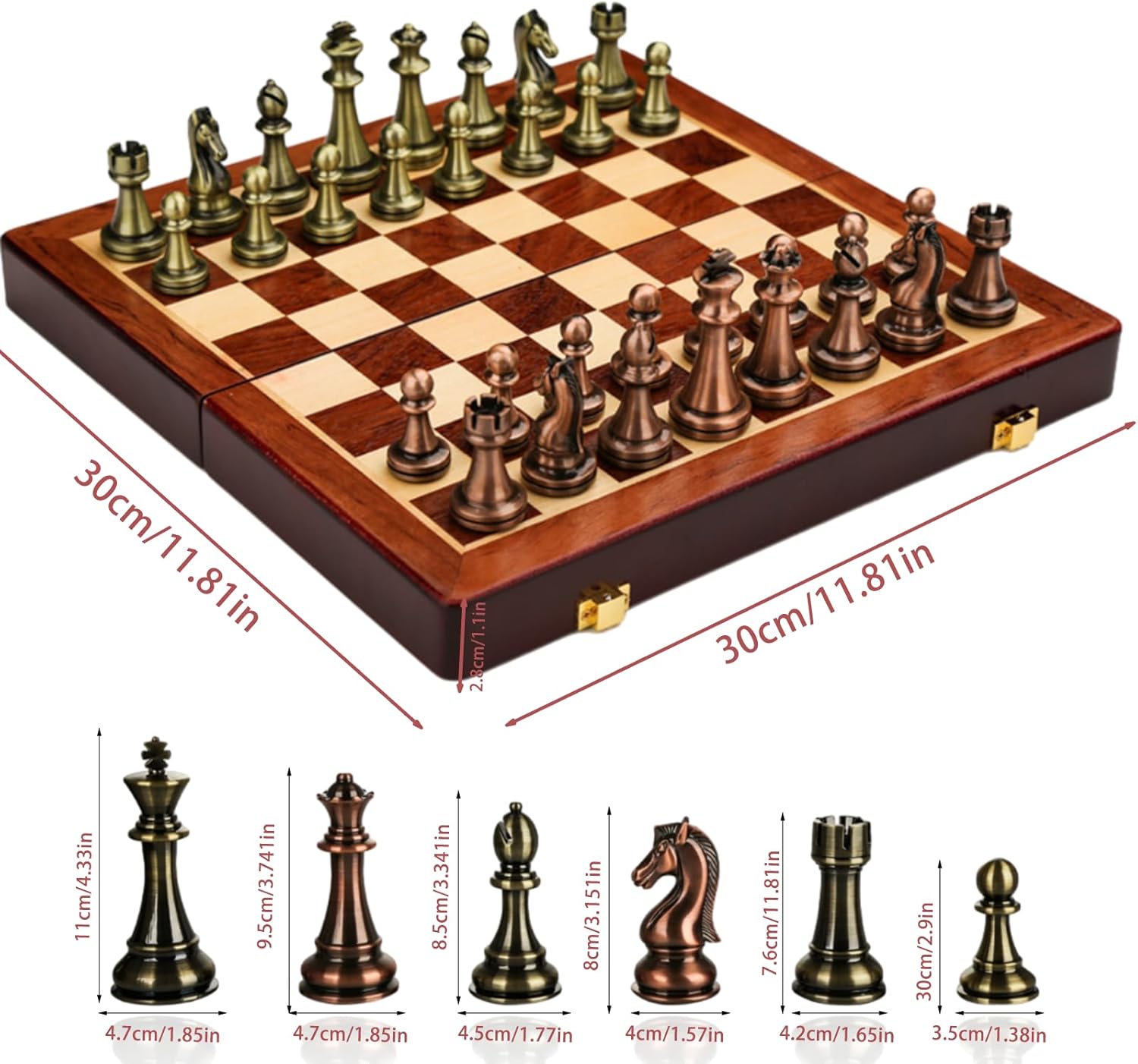 Juego de ajedrez de metal retro de 12 pulgadas para adultos y niños, tablero de ajedrez de madera con piezas de ajedrez de metal, juego de ajedrez