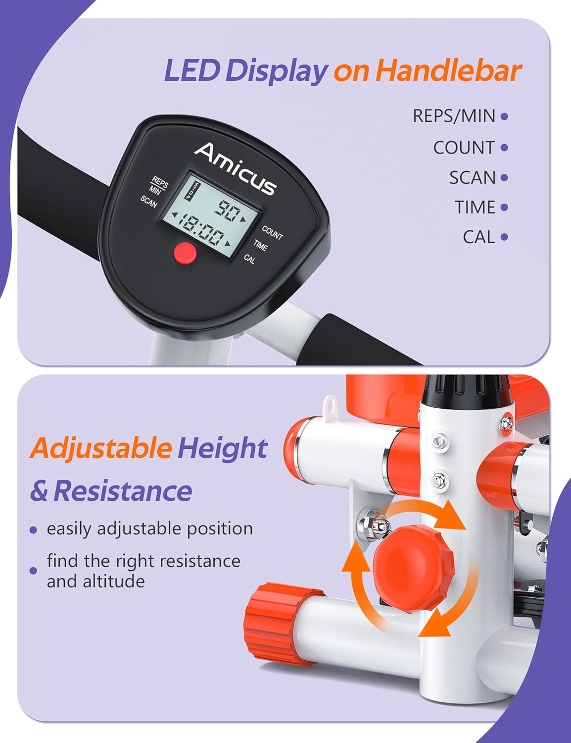 Amicus Mini Stepper for Exercise, Adjustable Pedal Height Hydraulic Stair Stepper with Resistance Bands for Home with Digital Monitor, 330lbs Weight
