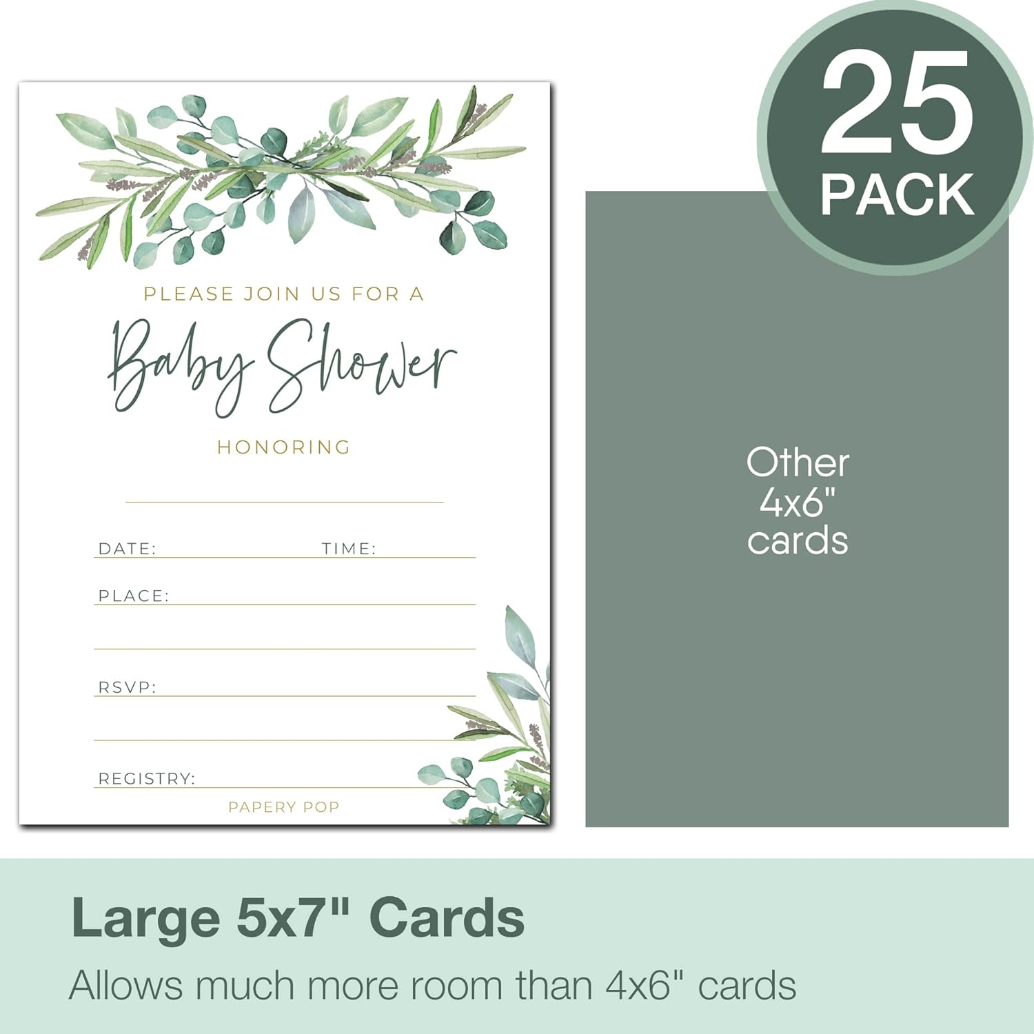 Juego de 25 invitaciones para baby shower con sobres, boletos para rifas de pañales y tarjetas de solicitud de libro de baby shower, eucalipto