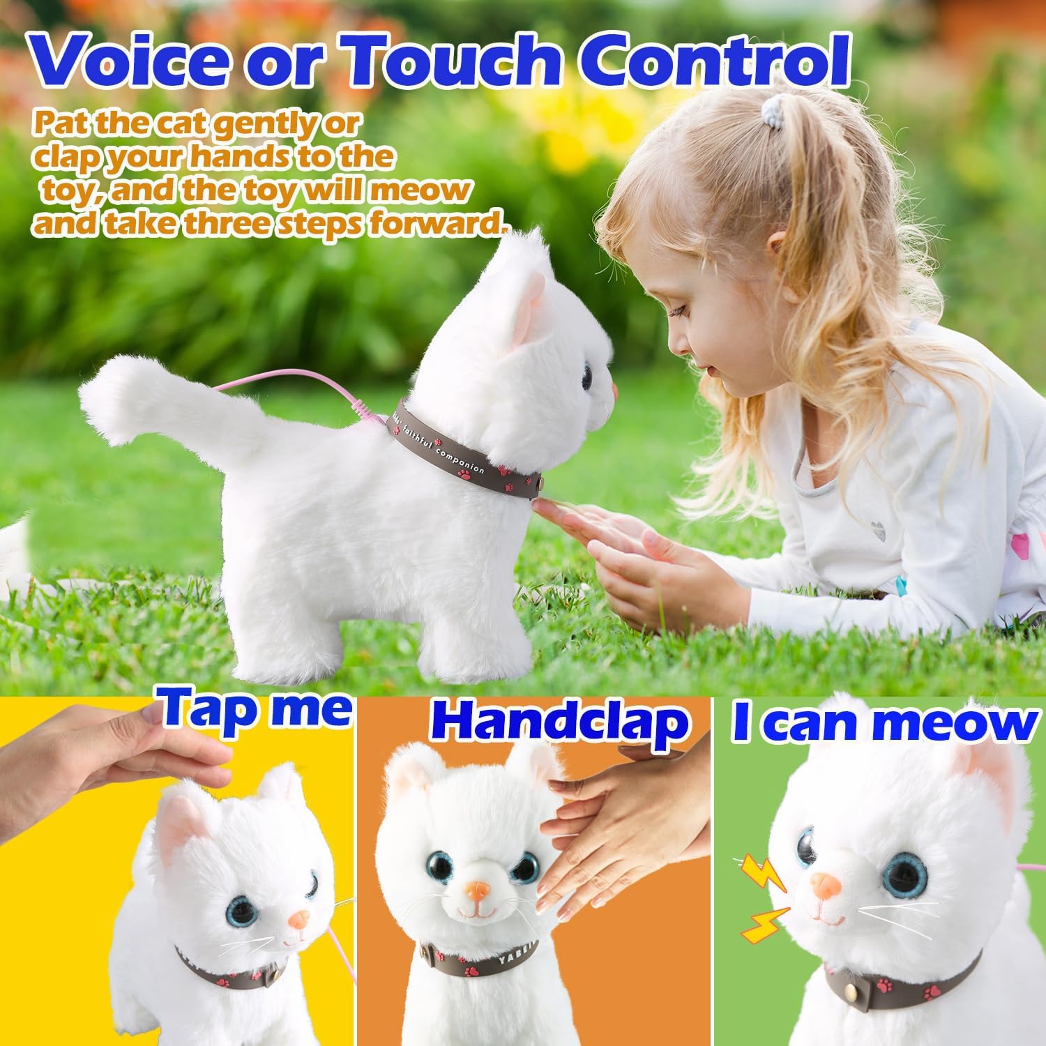 Juego de gato que camina con correa blanca cantando que ronronea y maulla, robot de peluche animado, gatito, mascota en movimiento, realista, animal