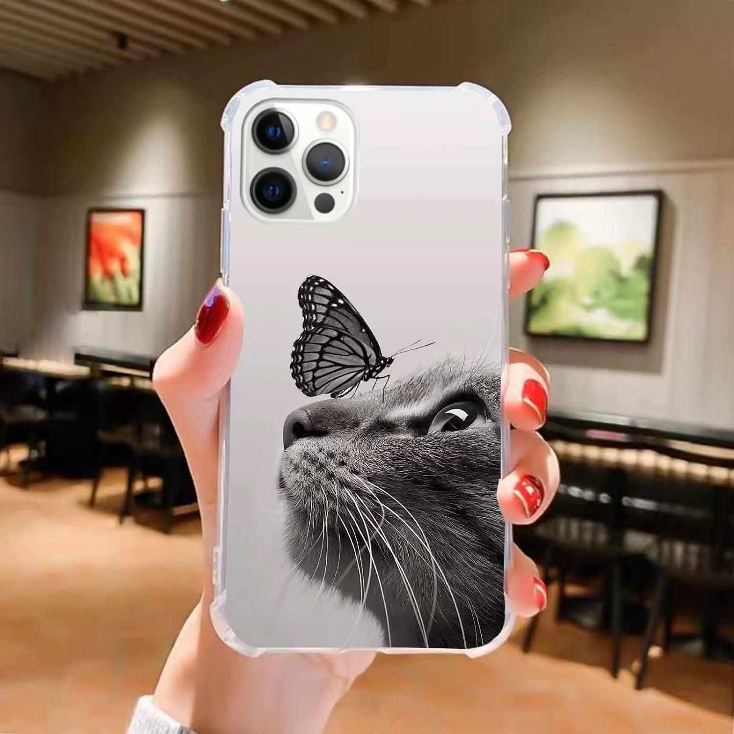 Funda de TPU compatible con iPhone 15 Pro, diseño de gato y mariposa, para iPhone 15 Pro, para adolescentes, mujeres y hombres, funda de TPU moderna