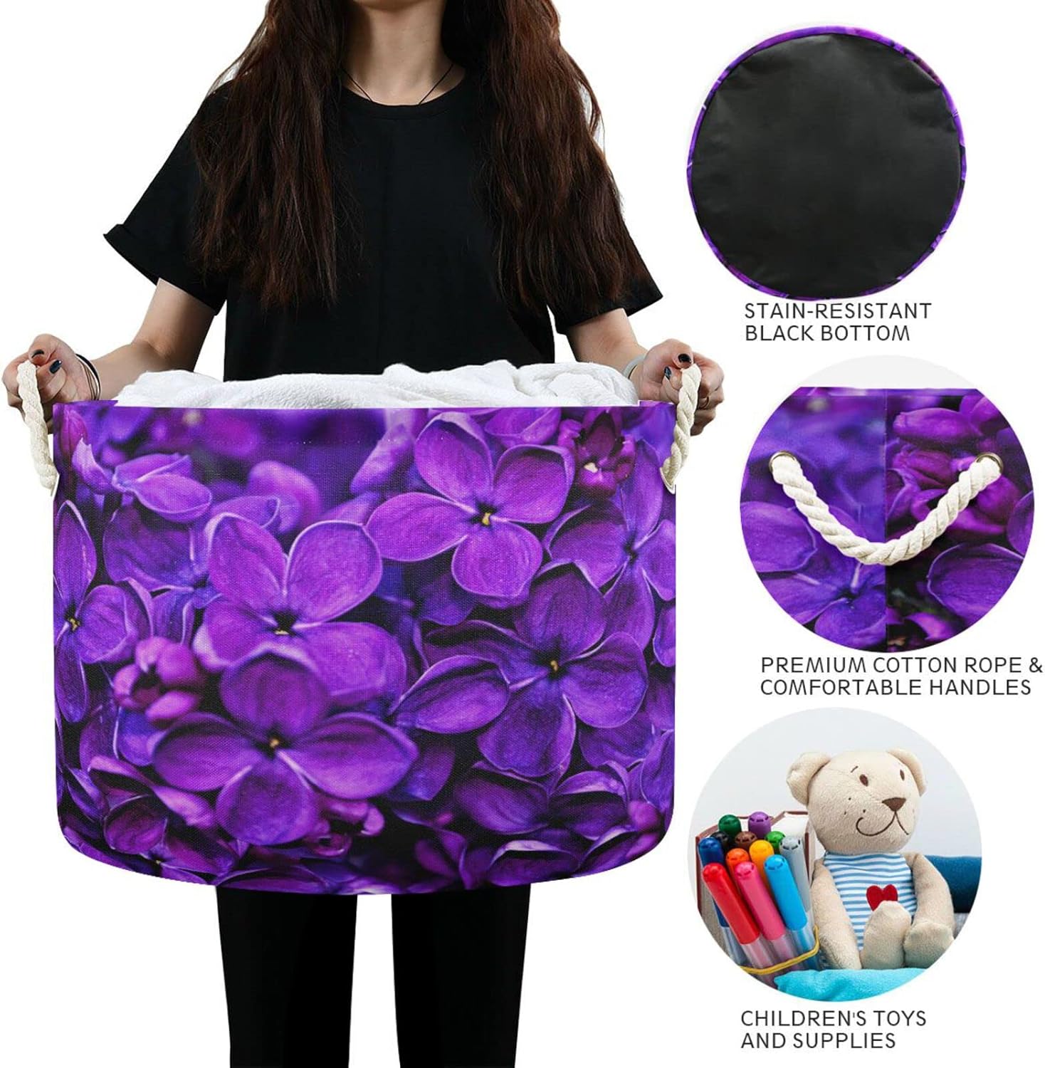 Kigai Cesta de cuerda de algodón floral morado lila de primavera, cesta grande redonda para ropa sucia para bebé, manta de juguete, contenedor de