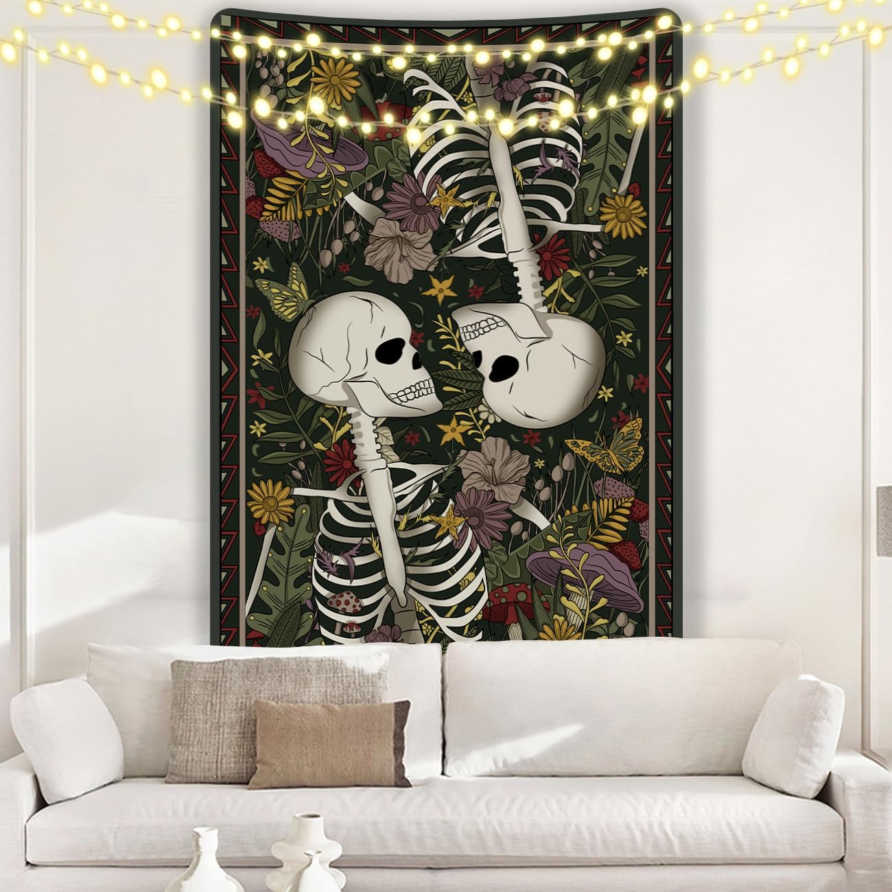 MAMHSABC Tapiz vintage de esqueleto, tapiz de calavera, tapiz de jardín, hongos, flores, plantas, tapiz de amor, tapiz colgante de pared para