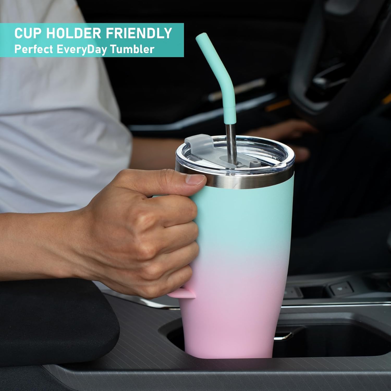 Vaso de 40 onzas con asa y popote, mantiene las bebidas frías durante 30 horas o calientes 9 horas, vaso de viaje grande aislado de acero inoxidable