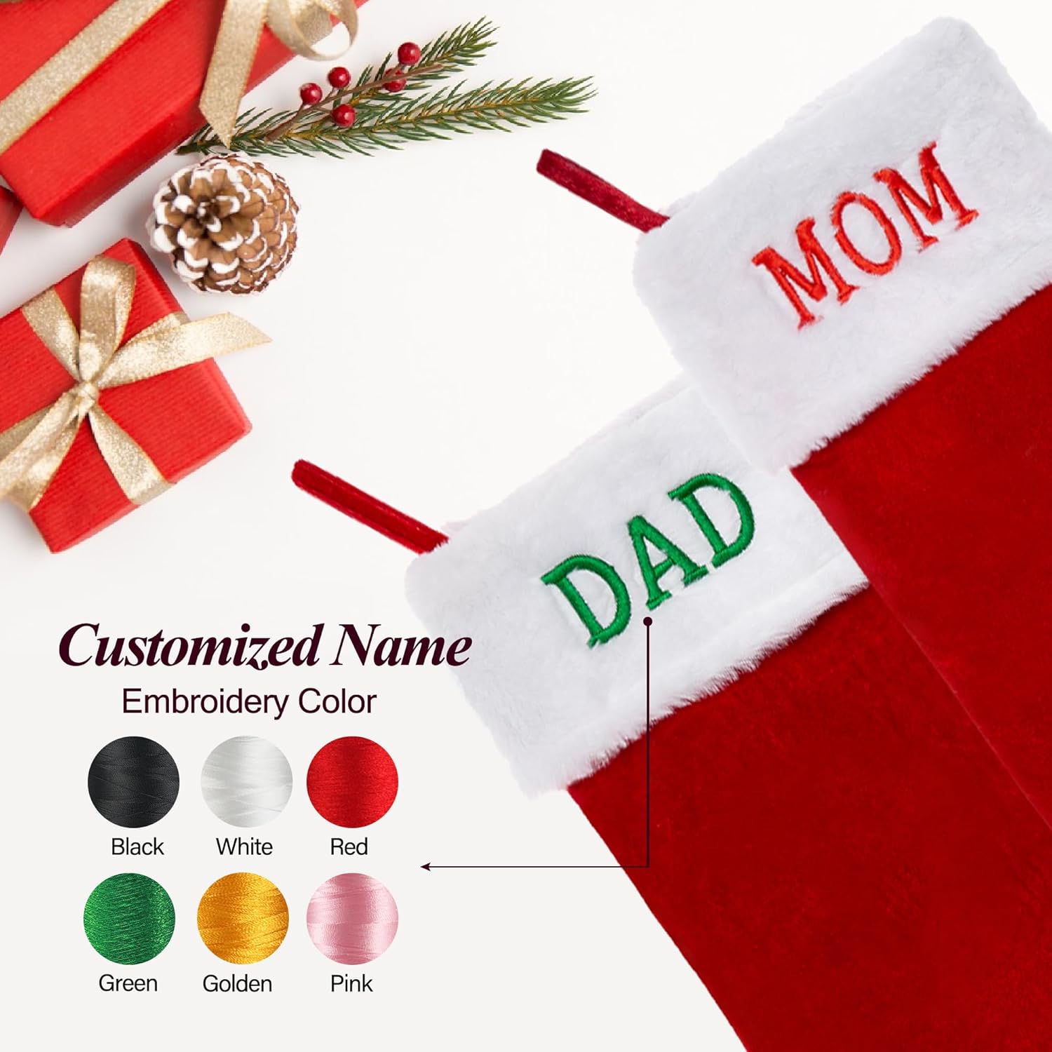 Medias de Navidad personalizadas, medias de Navidad con nombre personalizado, terciopelo rojo con puño de felpa suave blanca para niños, calcetín de
