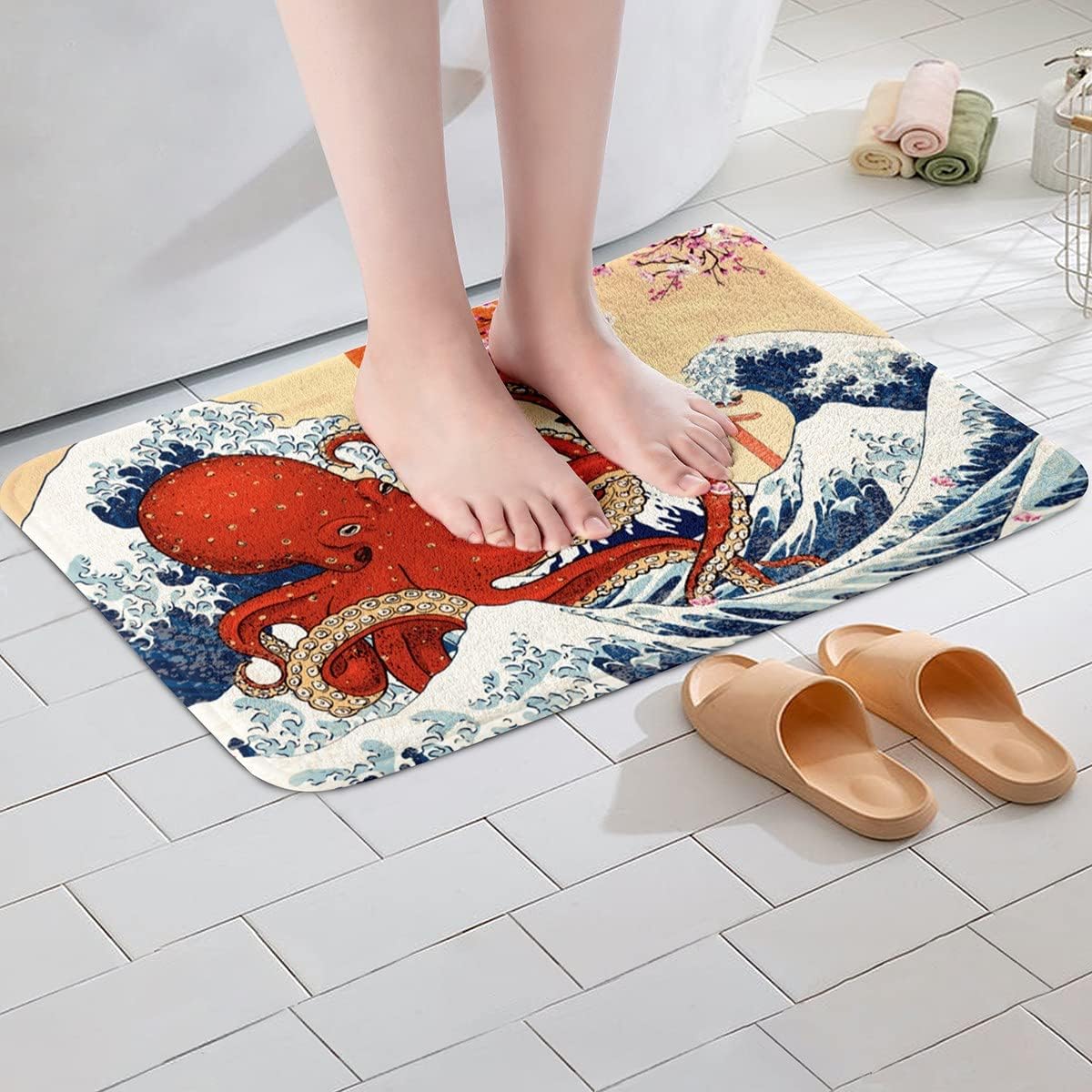 Alfombra de baño con diseño de flor de cerezo, alfombra de tentáculos de pulpo, 16 x 24 pulgadas, alfombra de baño con olas de mar japonesas,