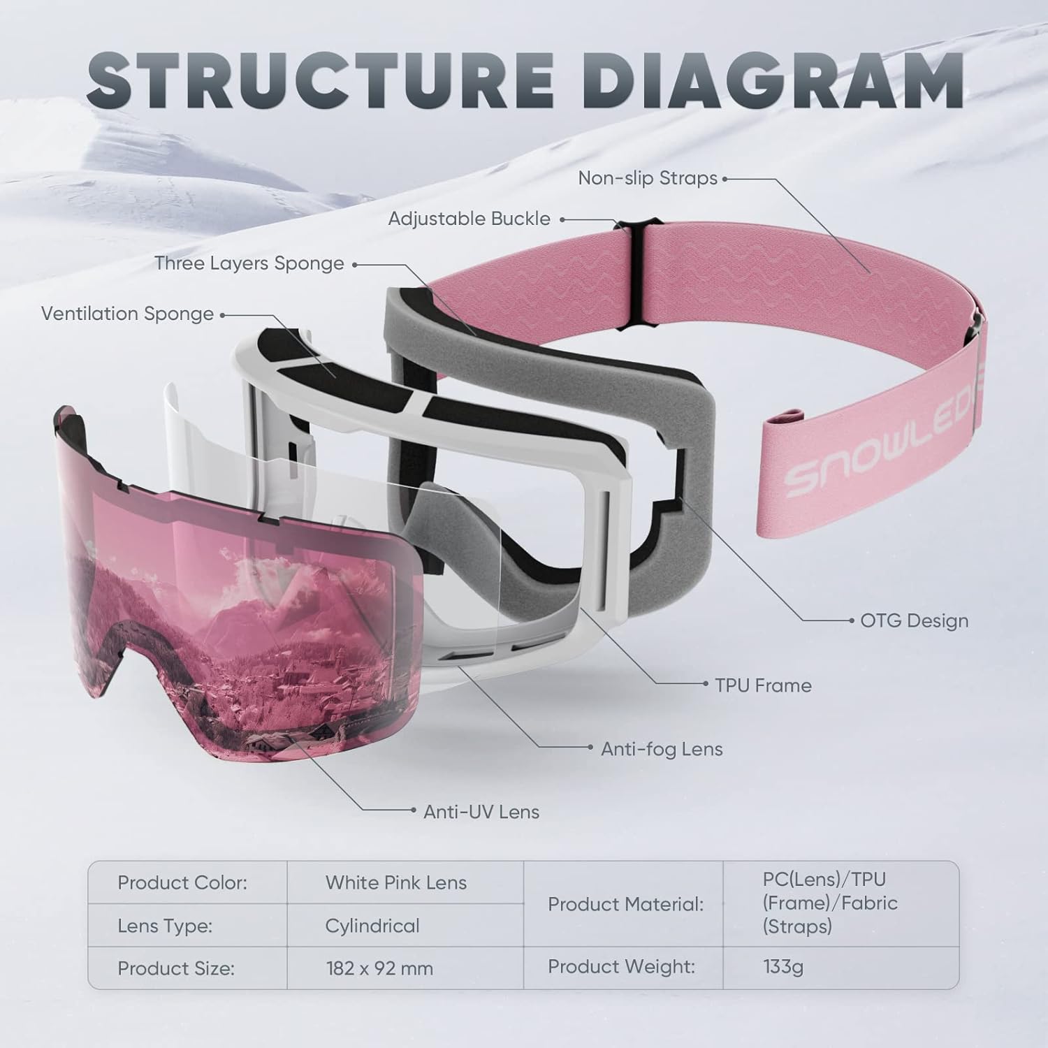 Gafas de esquí y snowboard para hombres, mujeres y jóvenes, OTG 100% protección UV
