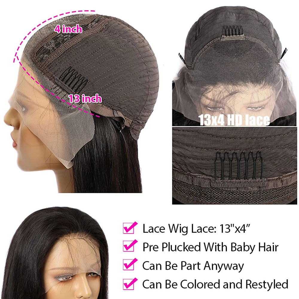 Kubiblue – Pelucas de cabello humano lacio de 28 pulgadas con encaje frontal de 13 x 4, cabello humano virgen brasileño para mujer, color natural
