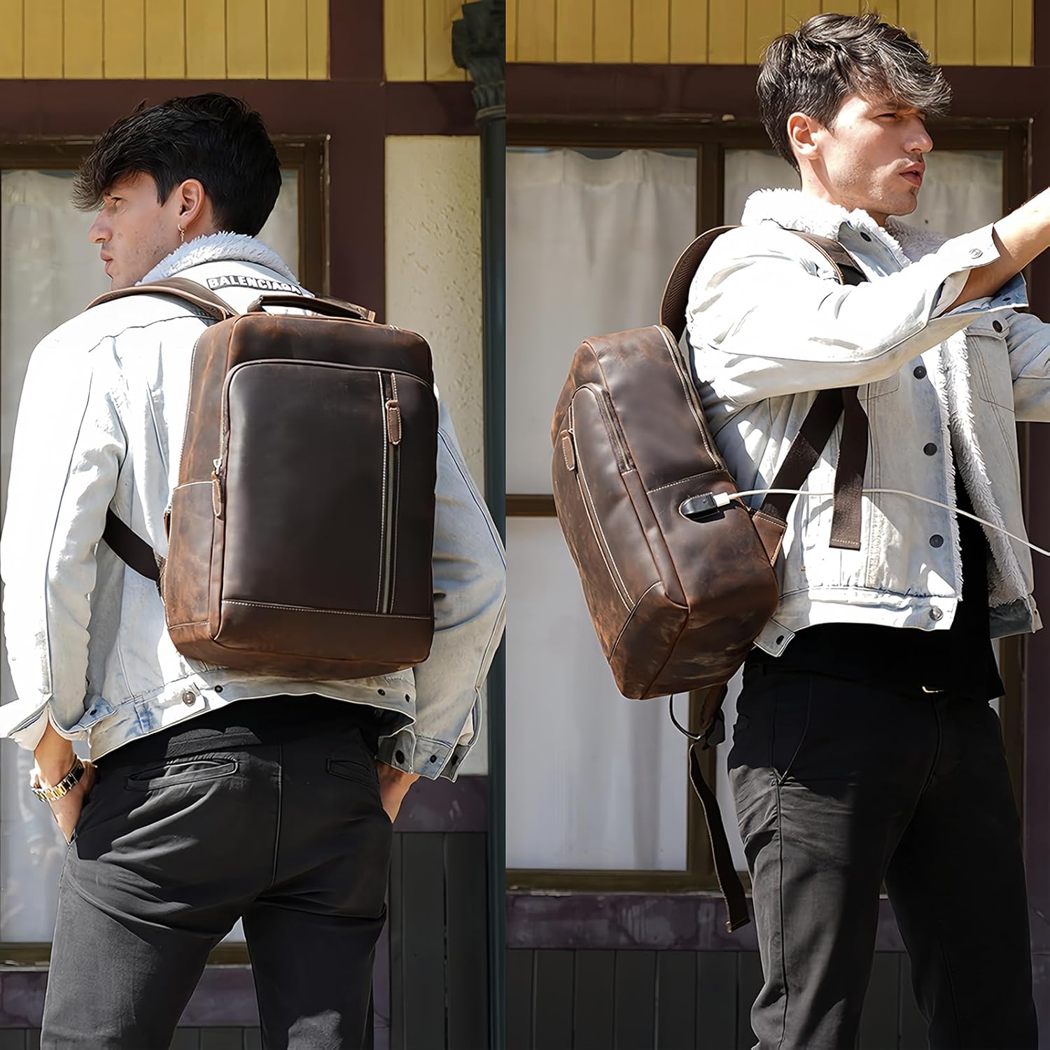 Mochila de cuero para computadora portátil para hombre, viaje de negocios, mochila de hombro de gran capacidad con puerto de carga USB, bolsas de