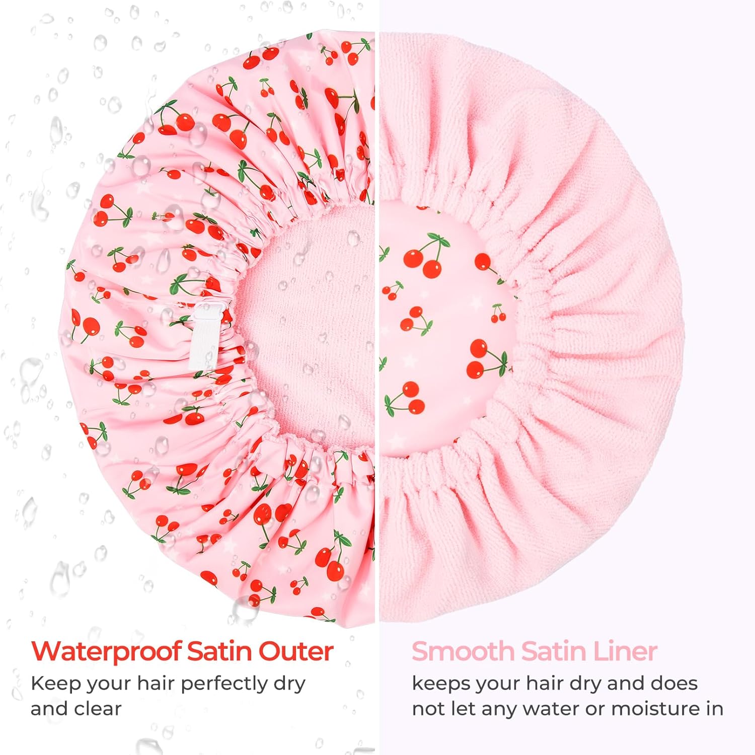 Gorro de ducha para mujer, con forro de rizo, grande, reutilizable, impermeable, banda elástica, color rosa, para cabello largo y grueso, suave