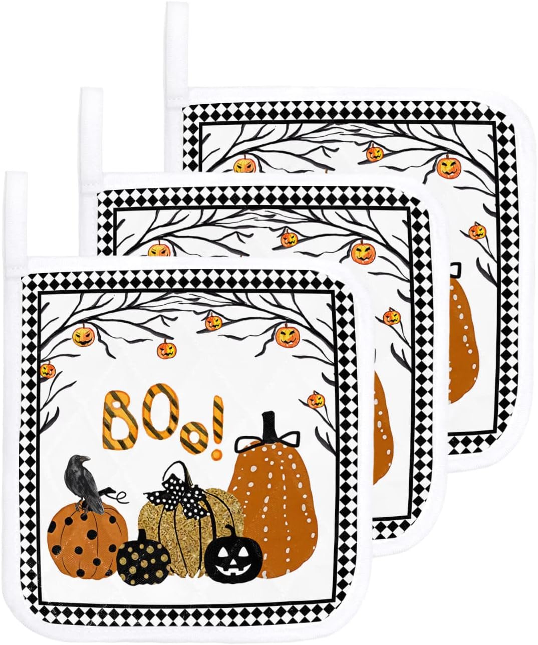 3 Packs Halloween Pumpkins Pot Holders Sets for Kitchen,Oven Pan Plate Bowl Pads Heat Proof Mat with Hanging Loop,Thick Terry Cloth Potholders for