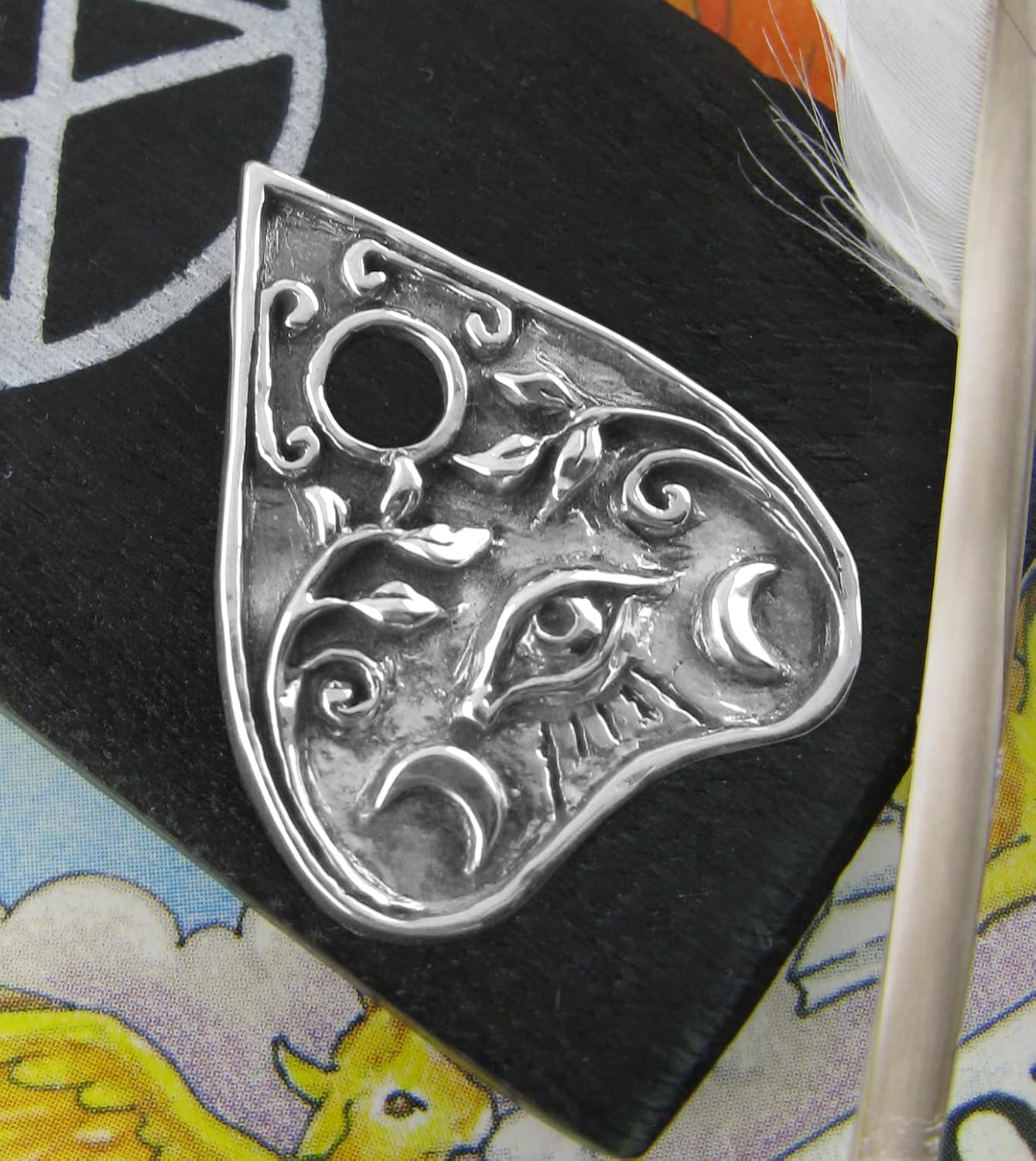 Ouija Planchette Pendant Crescent Moons Floral Vines Evil Eye Spirit Trance Talking Board 100% Handmade Fine Silver