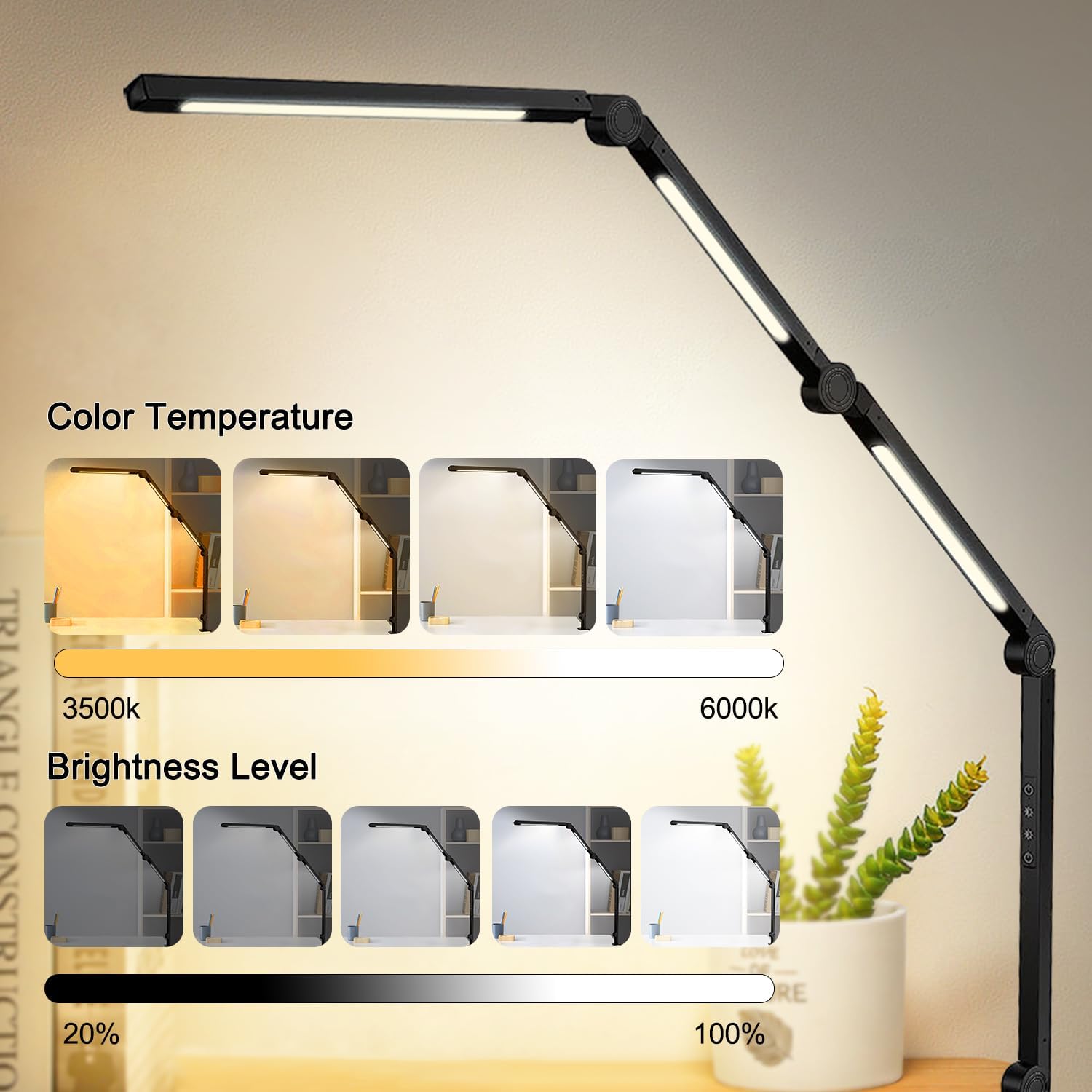 LED Desk Lamp with Clamp Flexible 4 sections Swing Arm Three light sources desk light, 4 Color Modes & 5 Brightness, Eye Caring Led table light with