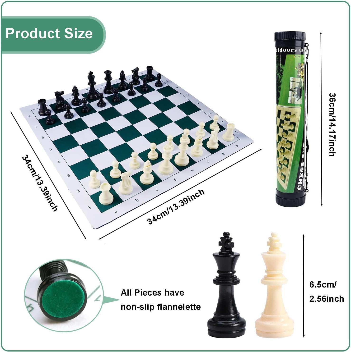 Juego de ajedrez y damas portátil, juego de ajedrez Staunton enrollable para torneos reguladores con rollo de tubo de plástico, juegos de mesa de