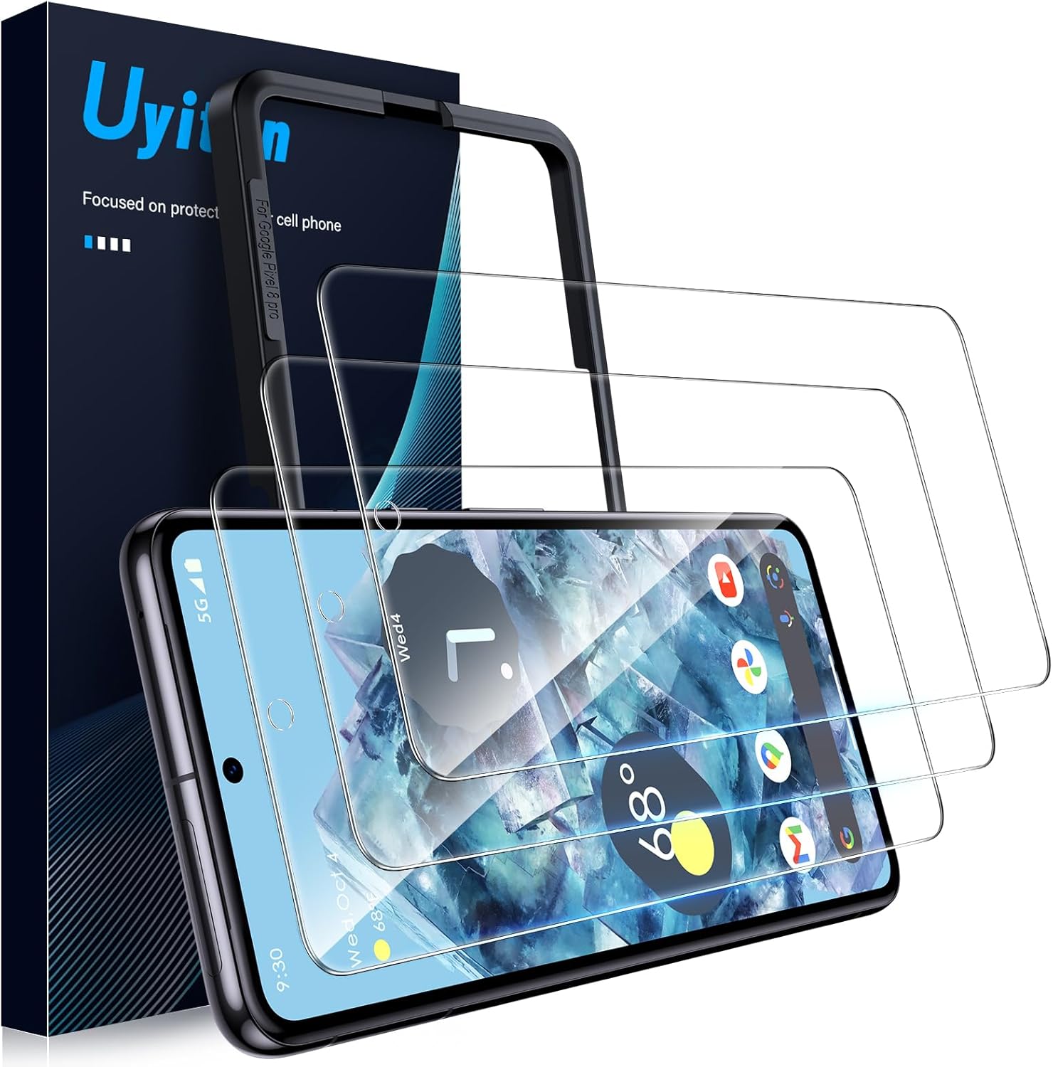 Uyiton Protector de pantalla para Google Pixel 8 Pro, 10X inastillable, antiluz azul con marco de instalación compatible con fundas dureza 9H,