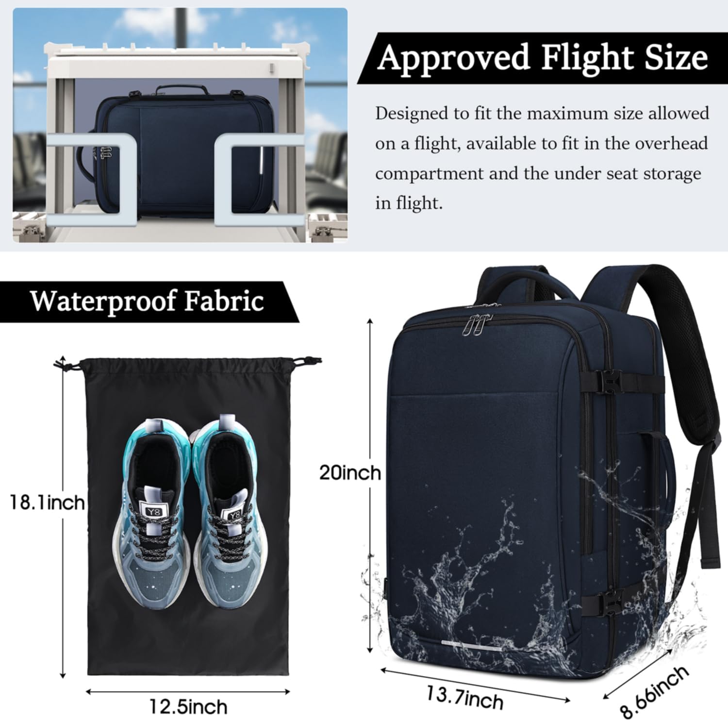 IGOLUMON Mochila de viaje para hombres y mujeres, 40L, aprobada para vuelo, mochila de transporte impermeable de 17 pulgadas para laptop, Azul