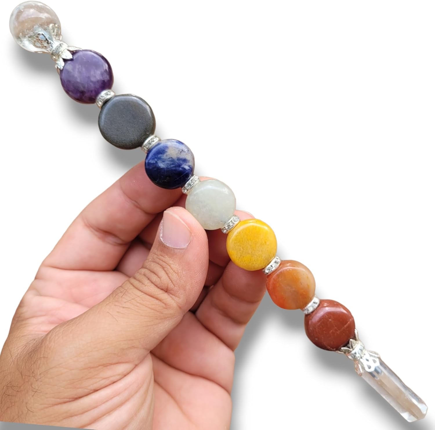 Varita de cristal curativo de 7 chakras, potente equilibrio de energía y limpieza de aura, espiritual, reiki, meditación (disco de 7 chakras)