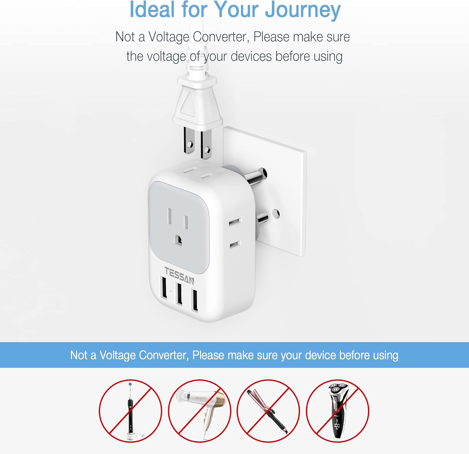 TESSAN Adaptador de enchufe de EE. UU. a India, adaptador de corriente 7 en 1 con 4 salidas de CA, 3 puertos de carga USB, adaptador de viaje para