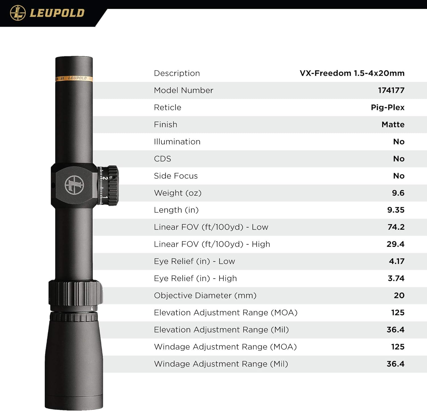 Leupold VX-Freedom – Mira telescópica de retícula Pig-Plex 1.5-4×20 (1 pulgada)