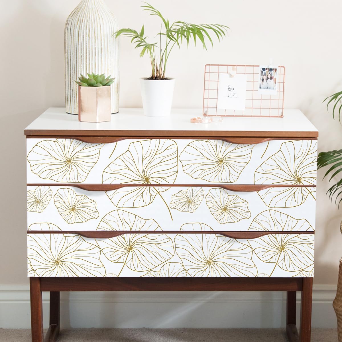 Papel tapiz dorado y blanco para despegar y pegar, papel de contacto floral bohemio, hoja de loto, extraíble, papel tapiz autoadhesivo para cocina,