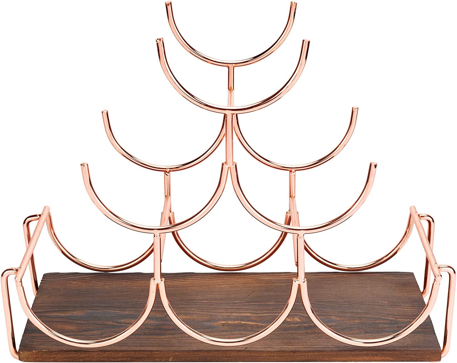 MyGift Estante de vino de oro rosa, 6 botellas, moderno, de mesa, de alambre de metal, apilado, soporte para vino con base de madera quemada